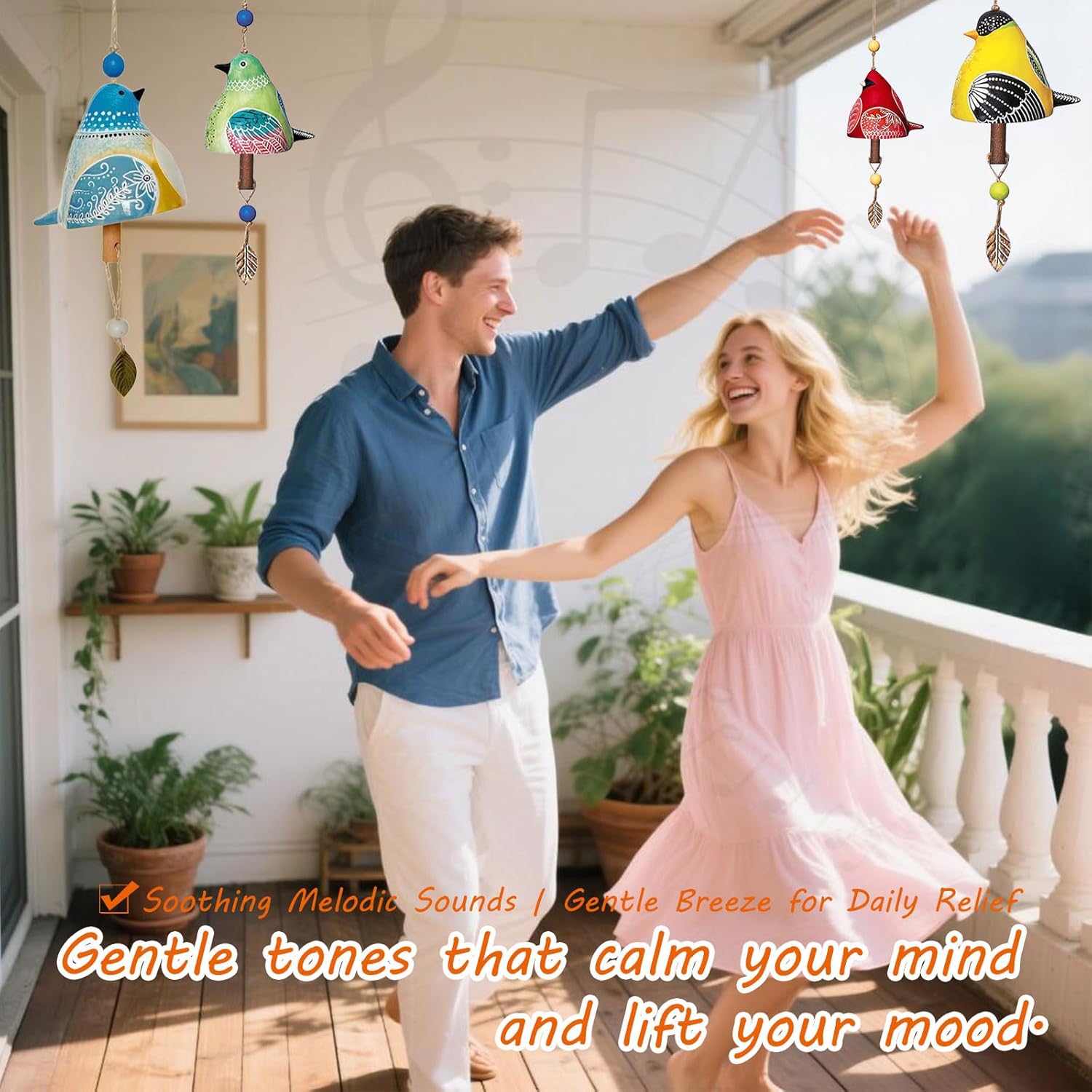 Ceramic Wind Chime Gift Set with 3D Pop Up Card, Handmade Memorial Healing Chimes for Outdoor/Indoor | Patio Decor | Unique Sympathy for Parents (Blue+Yellow)