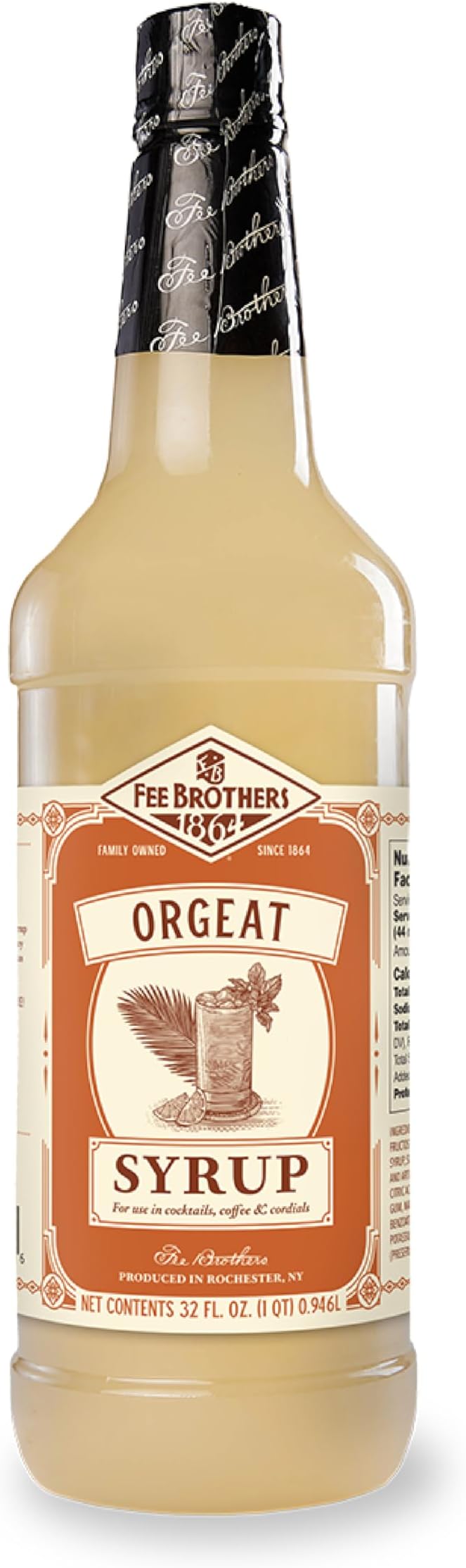 Fee Brothers Flavored Syrup – Premium Cocktail, Coffee & Soda Drink Mixer for Home Bar and Beverage Recipes, Orgeat, 32 Fl Oz (1 Quart)