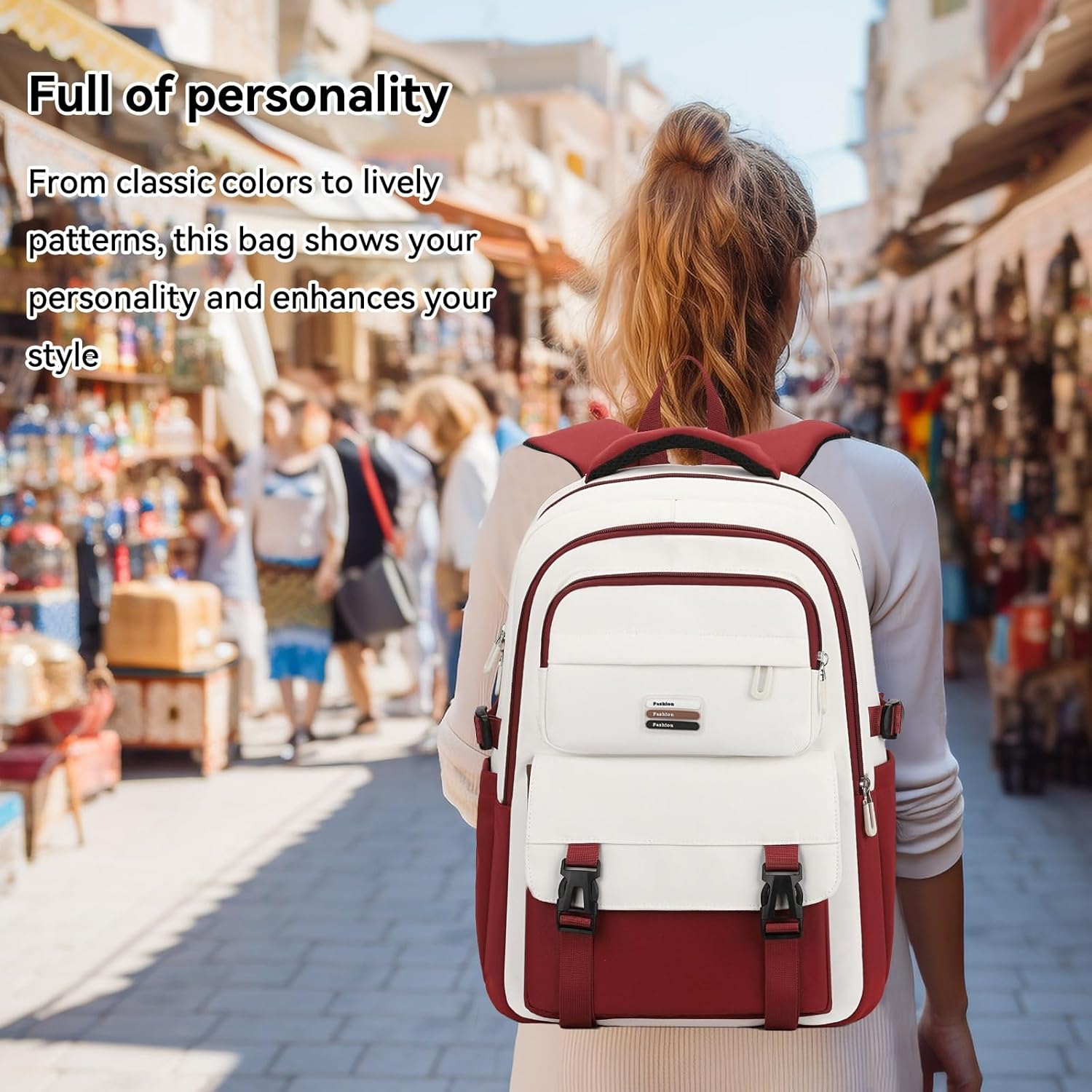 Girls School Backpack for College Teens, Red 18-Inch Laptop Bookbag with Pockets, Casual Lightweight Daypack for Women and Men, Travel & School Bag - Image 6