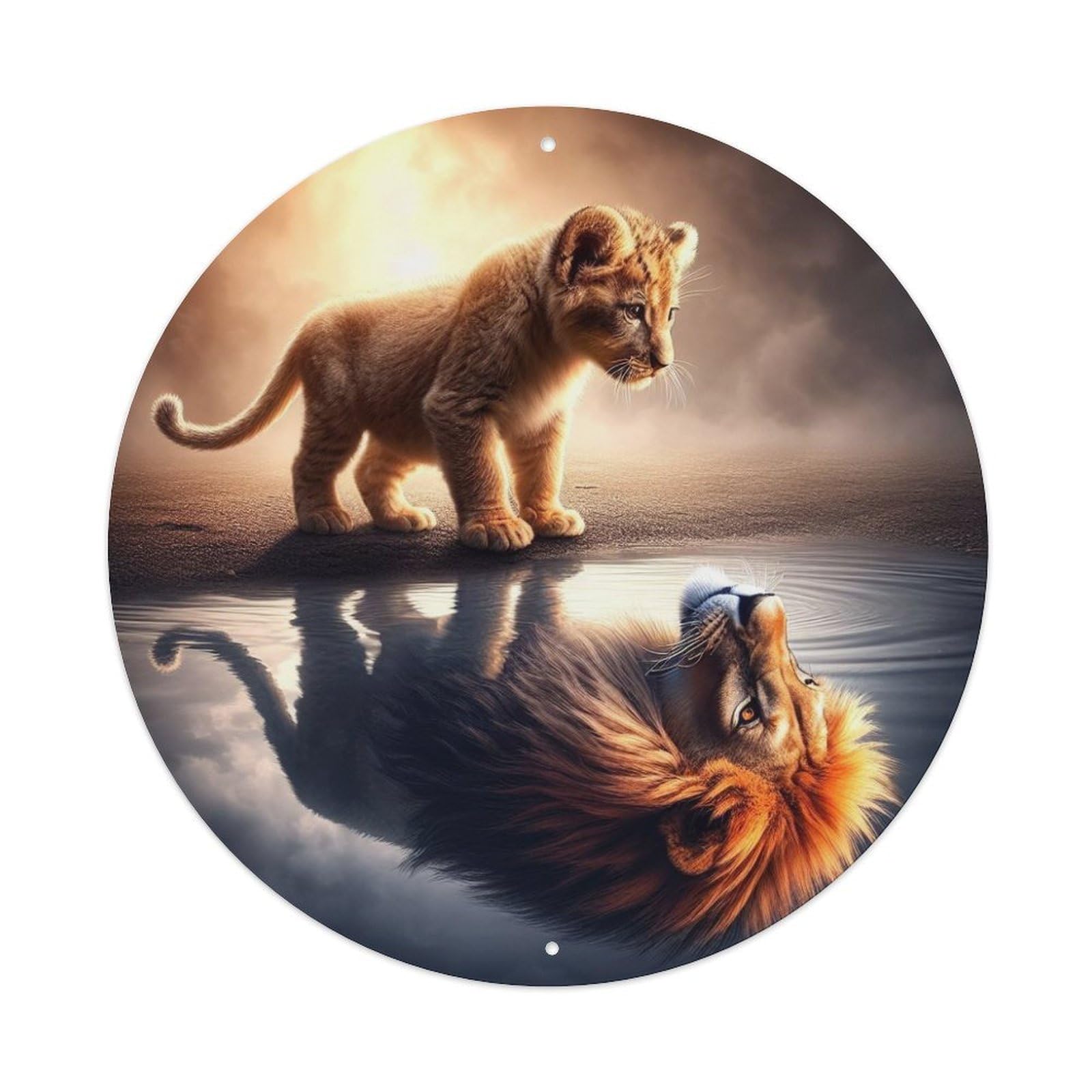 Animal African Lion Cub Reflection of Adult Male Lion Inspiring Growth Potential Vintage Metal Tin Sign Plaque Wall Decor for Cafe, Club Bar, Office, Garden Metal Poster 8x8Inch