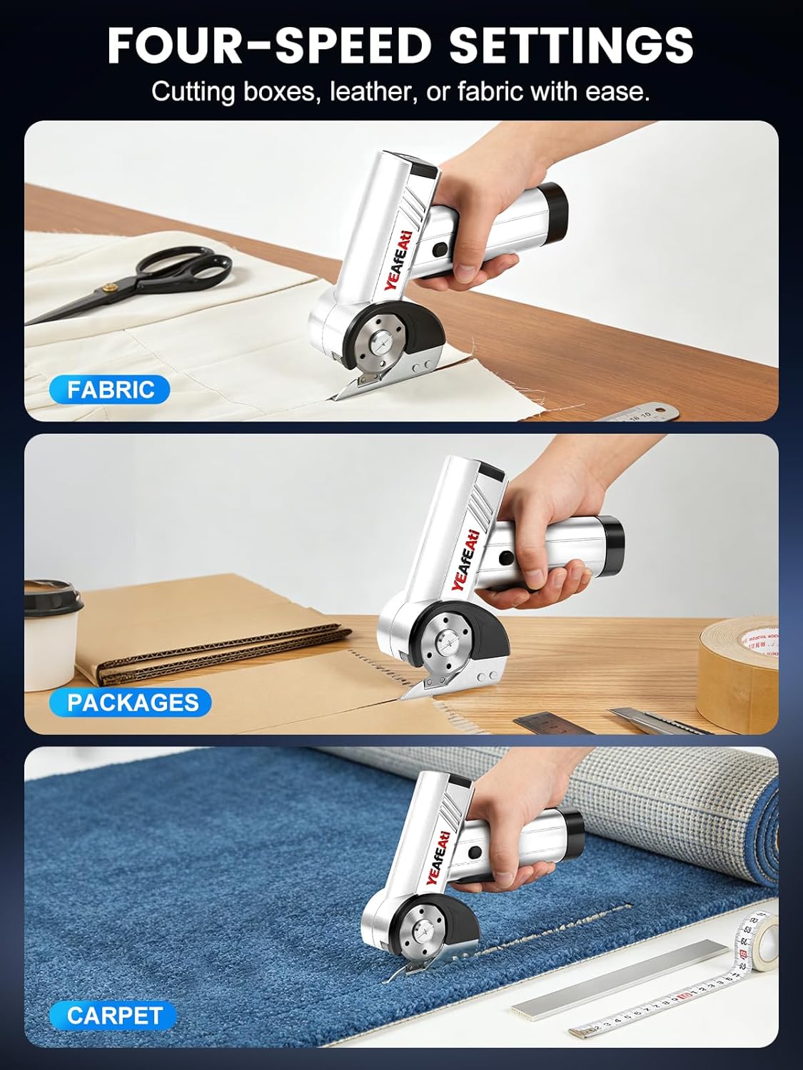 Cordless Electric Scissors - Smart Display & 4-speed Settings, Rechargeable Box Cutter Electric for Fabric, Leather, Padding & Cardboard - White