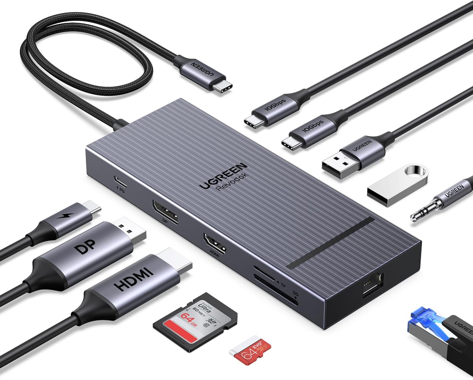 UGREEN 11-in-1 Docking Station: 4K@120Hz DP+HDMI, Dual 10Gbps USB-C, 100W PD, SD/TF, Gigabit Ethernet, 3.5mm Audio, Aluminum Body Revodock Pro USB C Dock for Dell/HP/Lenovo