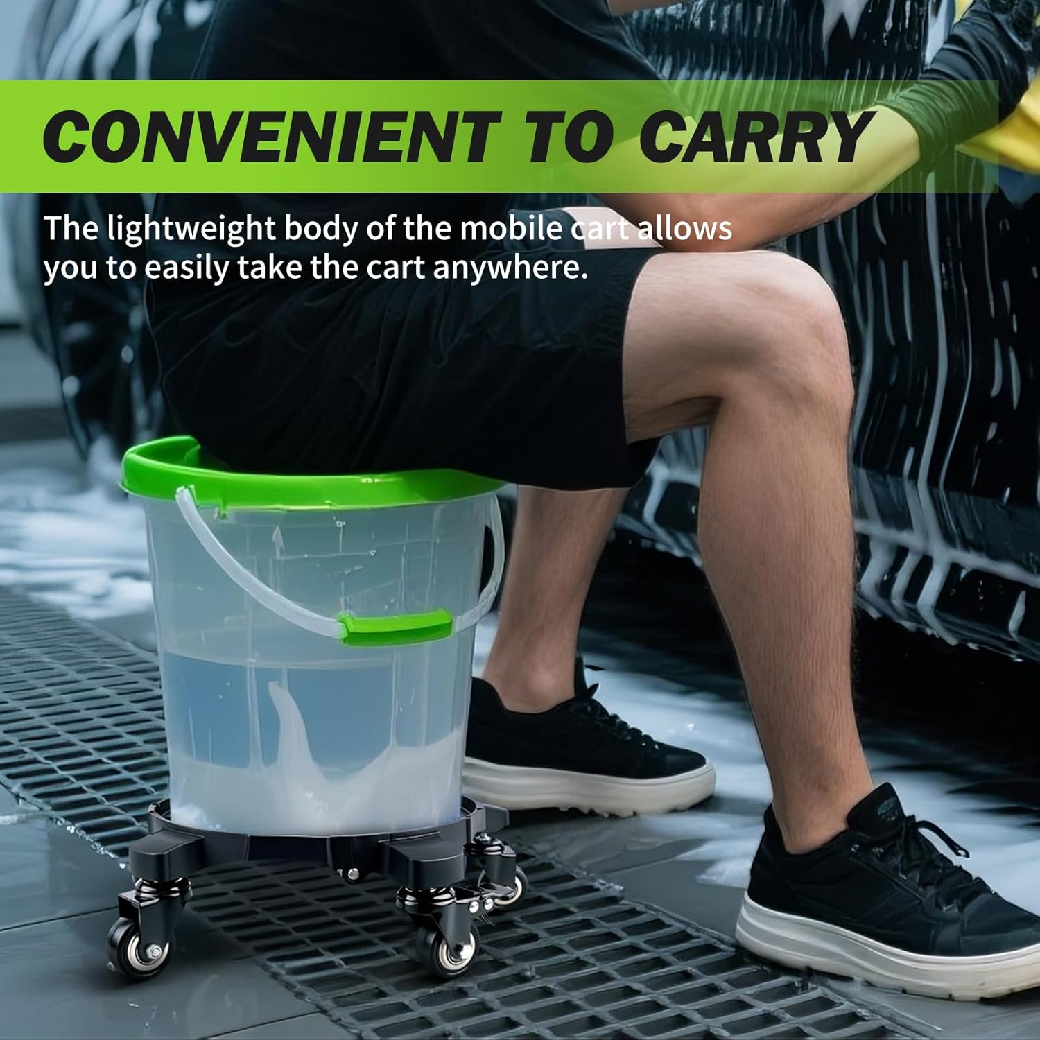 Foldable Bucket Dolly with 5 Wheels, 360°Car Wash Bucket Roller,Heavy Duty Wagon Perfect for Car Wash, Waxing,Up to 265 lbs