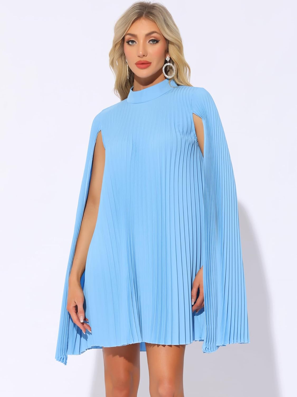 Allegra K Chiffon Dresses for Women's Loose Flowy Cloak Sleeve Cape Pleated Dress - Image 3