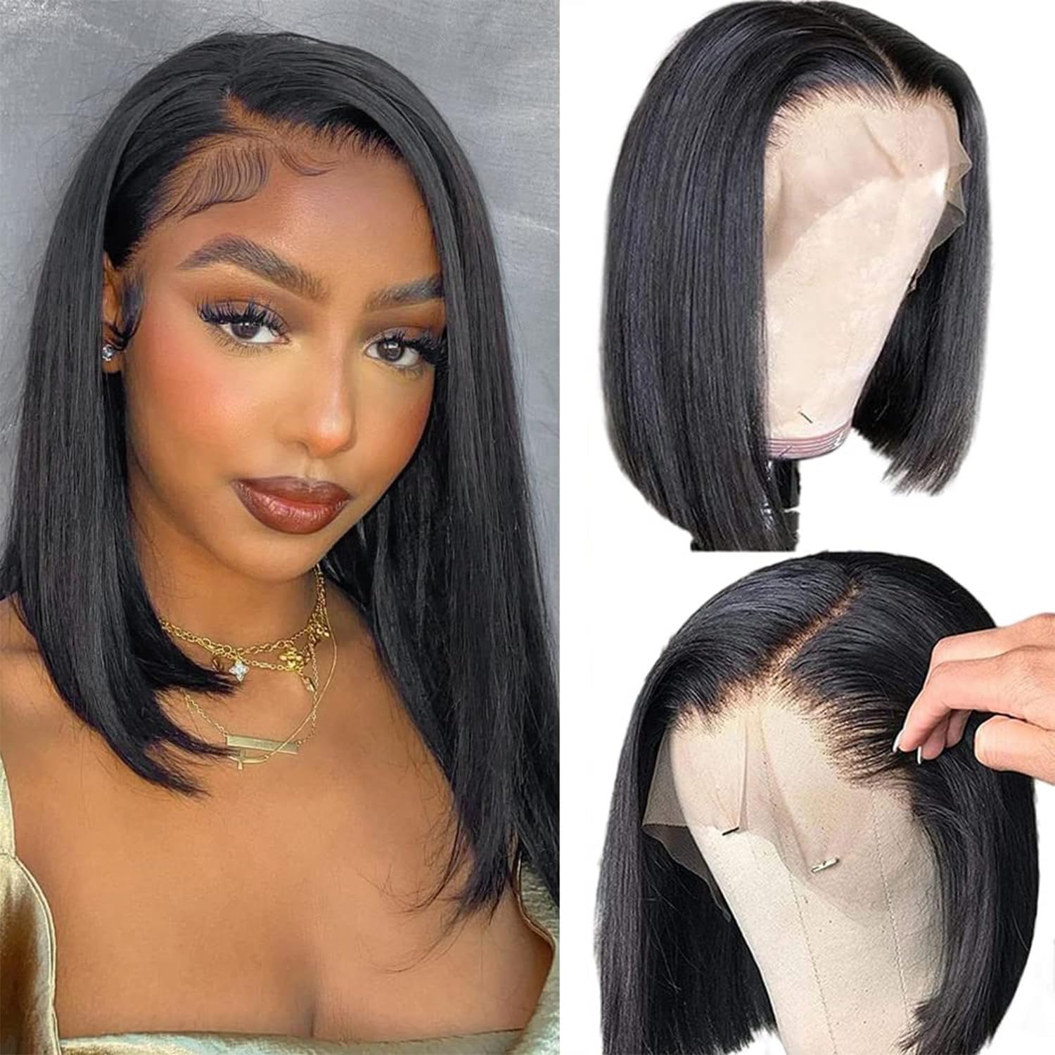 Perruque Bresilienn Cheveux Humain 13×4 Lace Frontal Bob Wig 180% Density Perruque Femme Naturelle Courte Straight Bob Lace Wig Human Hair Couleur Naturelle 14 Pouces for Women