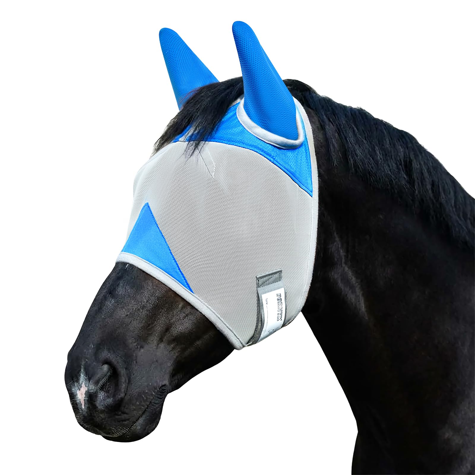 Máscara de mosca de caballo, máscaras ajustables para caballos con orejas, transpirable y protección UV, malla cómoda sin cubierta de nariz, accesorios para caballos (gris, azul, grande)