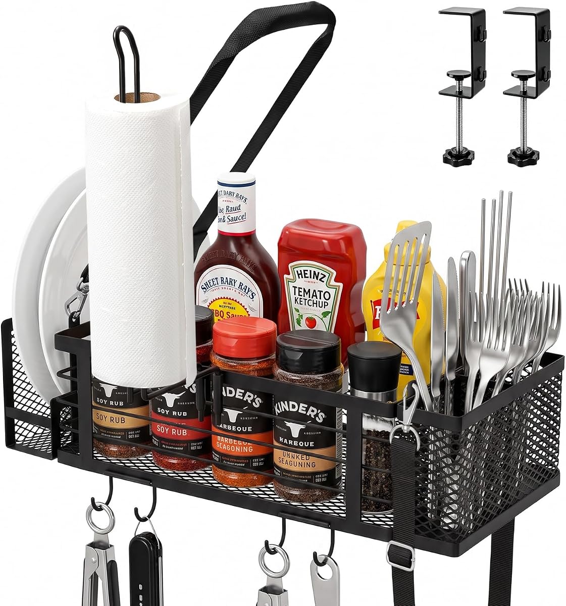 HOUSE AGAIN Grill Caddy for Blackstone Griddles, BBQ Organizer with Paper Towel Holder, Utensil Holder & Hooks, Outdoor Grill Storage Caddy for Condiments, Picnic Accessories Organizer, Camping & RV