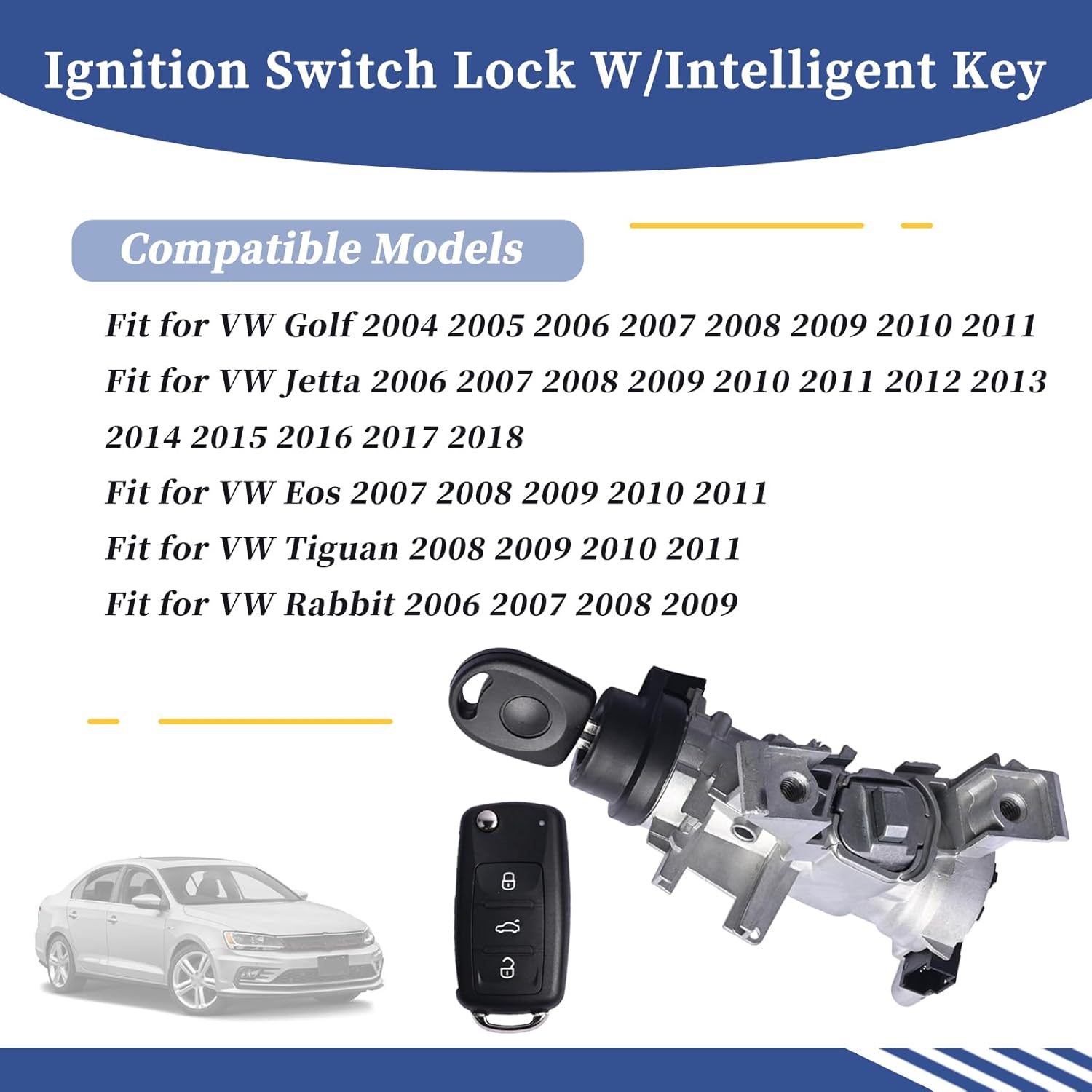 1K0905851B Ignition Switch Lock Cylinder W/Intelligent Remote Control Key Compatible with VW Golf 2004-2011 / Jetta 2006-2018 / EOS 2007-2011 / Tiguan 2008-2011 / Rabbit 2006-2009 - Image 3