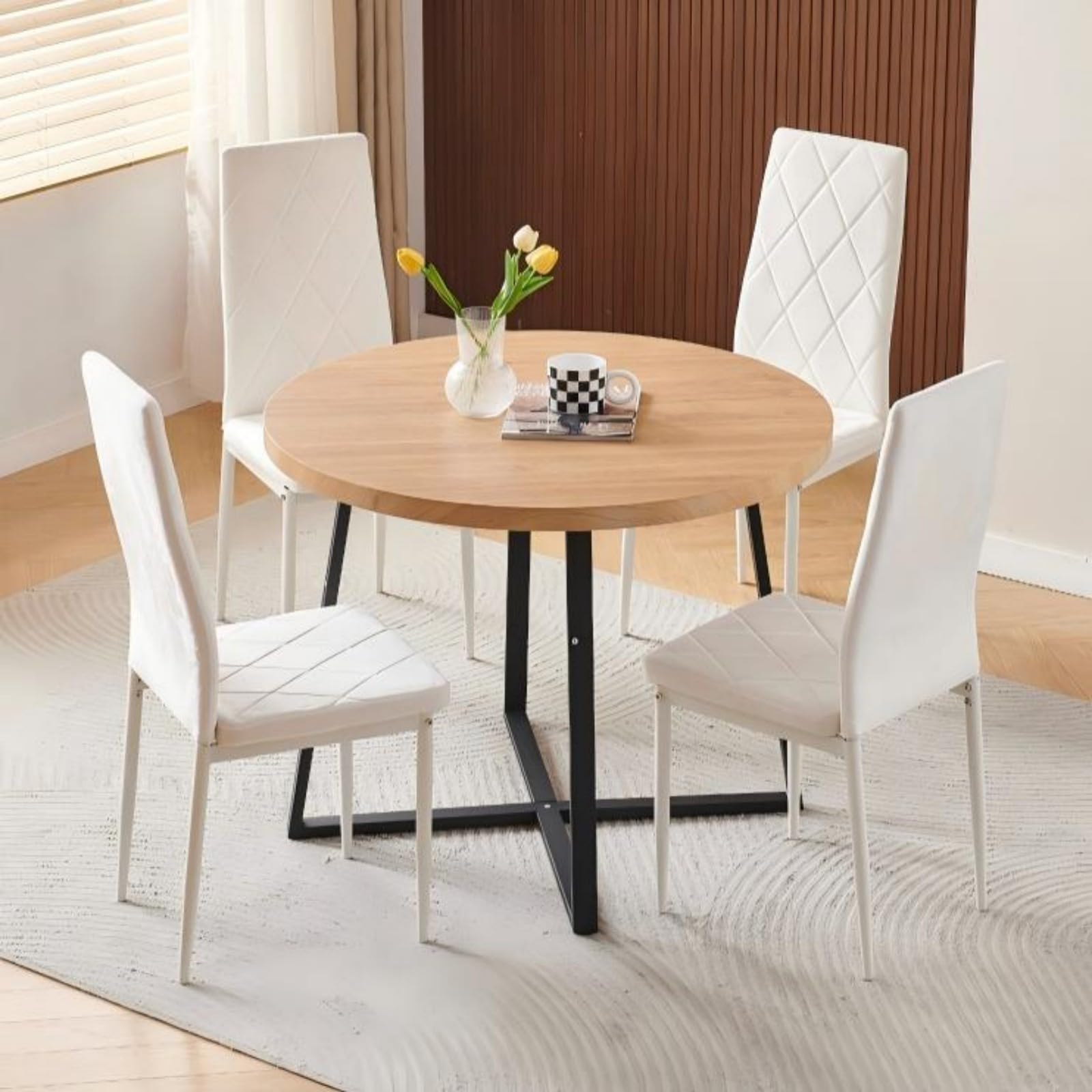 Homullel Round Dining Table and Chairs Set 4 Seater Kitchen Dining Set, 5 Pieces Table & Chairs Dinner Table Set for 4 (Oak Round Straight, 4 Seats, White Flannel Argyle Grid)