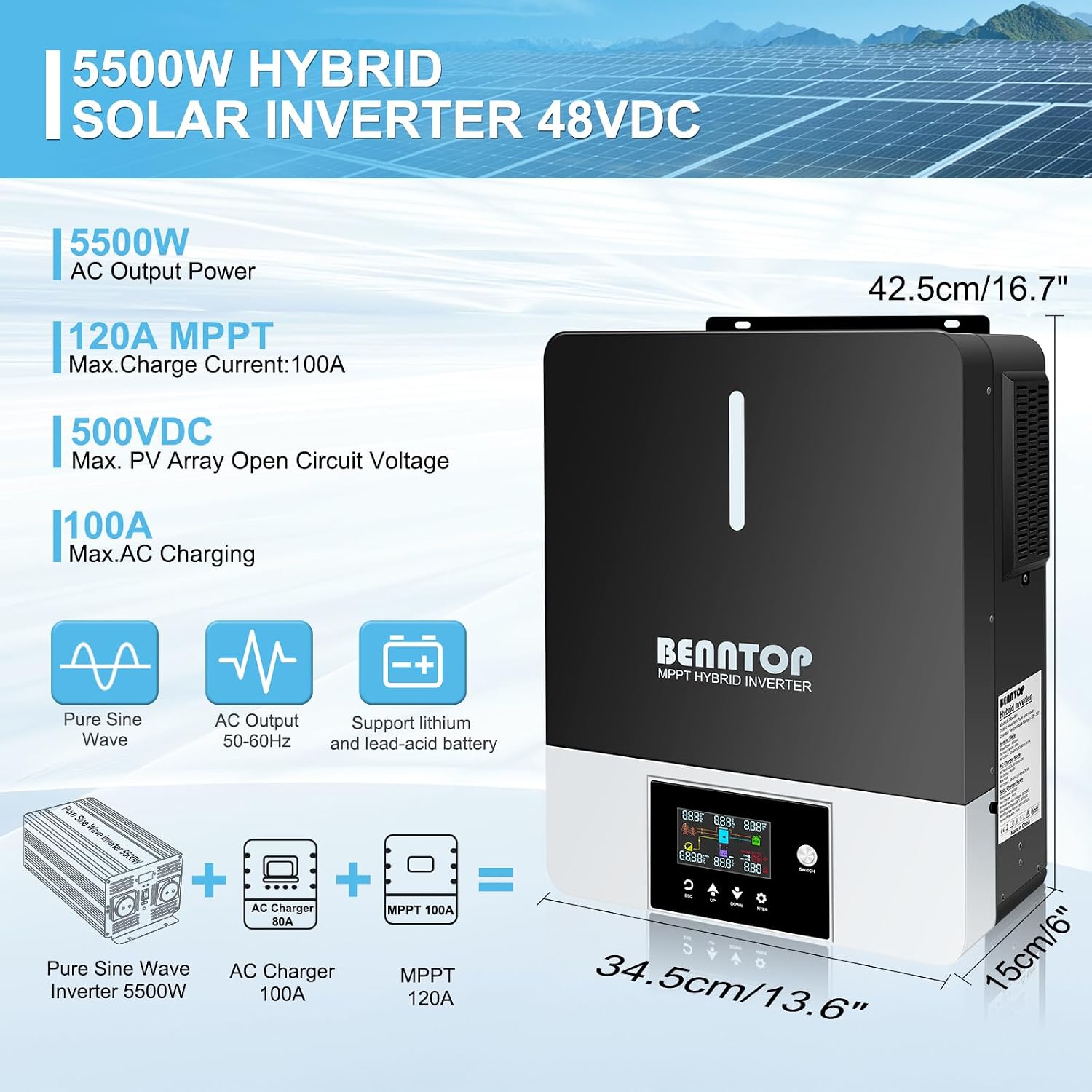BENNTOP 5500W Hybrid Solar Inverter with dimensions 42.5cm x 34.5cm x 15cm and key specifications like 5500W AC output, 120A MPPT, 500VDC Max PV, 100A Max AC Charging.