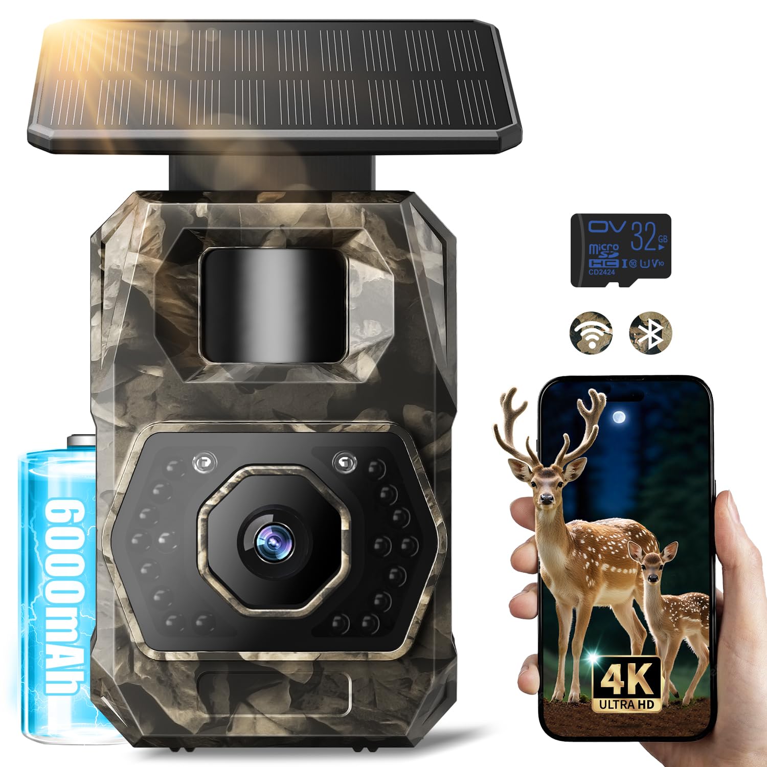 MAXDONE Wildkamera mit Handyübertragung App - Wildtierkamera 4K 64MP WLAN Solar Wildkamera mit 6000mAh Akku & Bewegungsmelder Nachtsicht, Inklusive 32GB SD Karte, 0,1s Auslösezeit, IP66 Wasserdicht