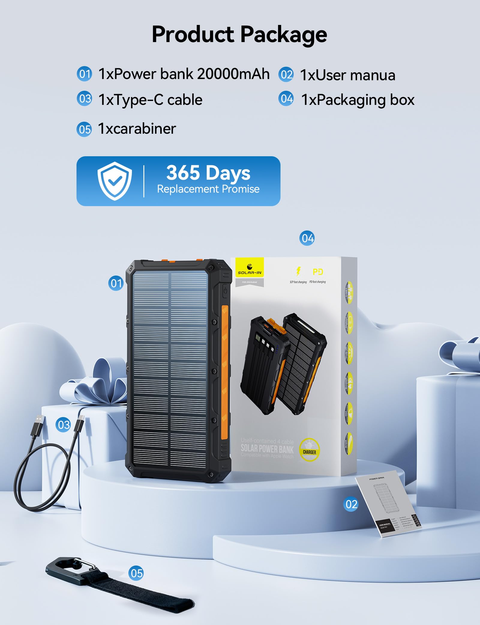 Cargador solar de batería de 20000 mAh, cargador de batería solar para teléfono celular, carga rápida de 20 W, cables integrados, batería externa portátil de camping Essentials compatible con