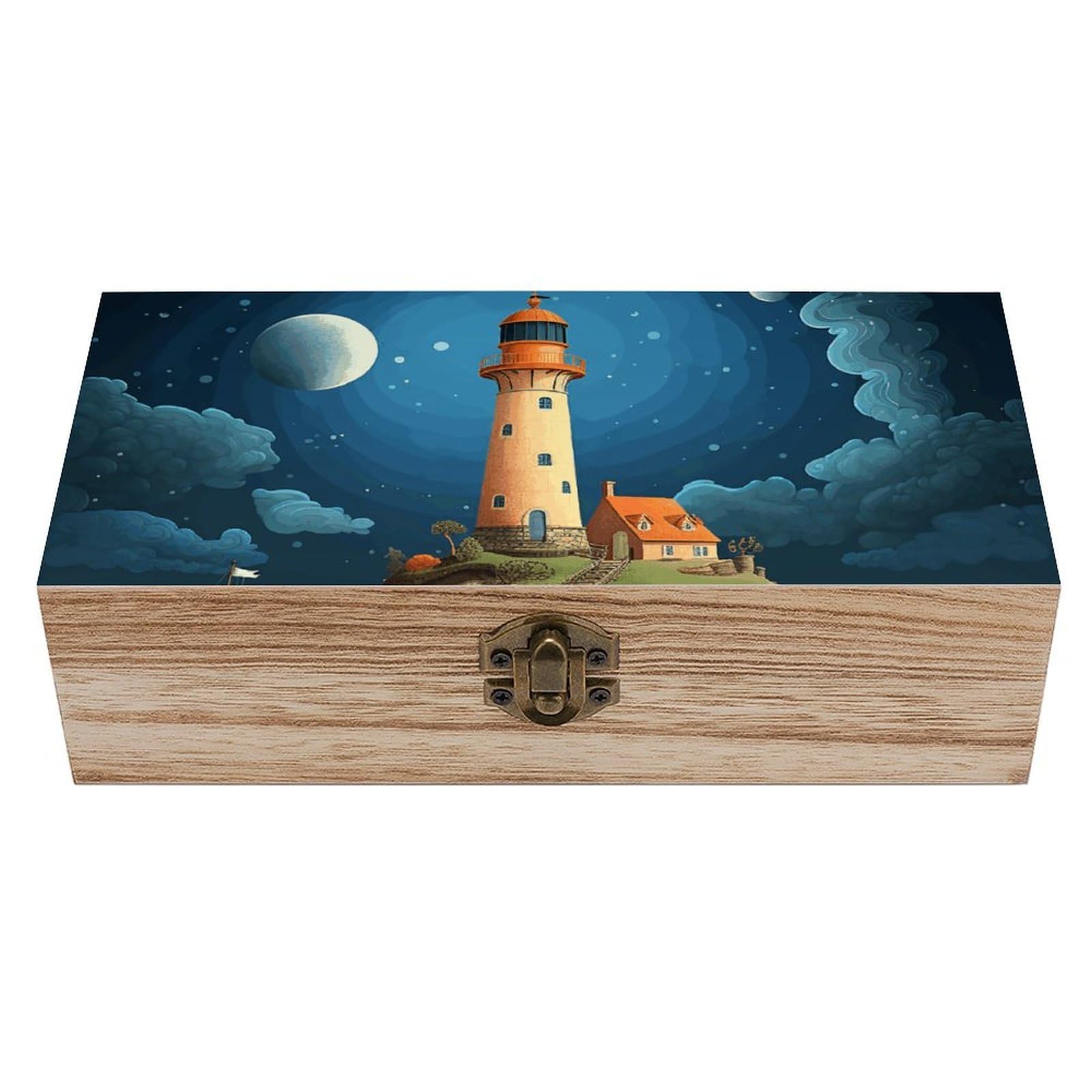 Wooden Storage Box Catoon Whale Lighthouse Wood Gift Box with Hinged Lid Vintage Decorative Jewelry Boxes Memory Box for Jewelry Art Hobbies Home Storage Treasure Keepsake Gift 7.9''x3.9''x2.3''