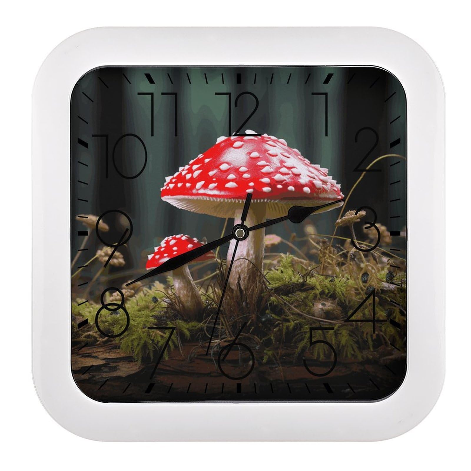 MUSM 10.2 X 10.2 Inch Modern Red and White Mushroom Wall Clock Battery Operated High Accuracy Decorative Square Clocks for Kitchen Bedroom Living Room Home Office Porch