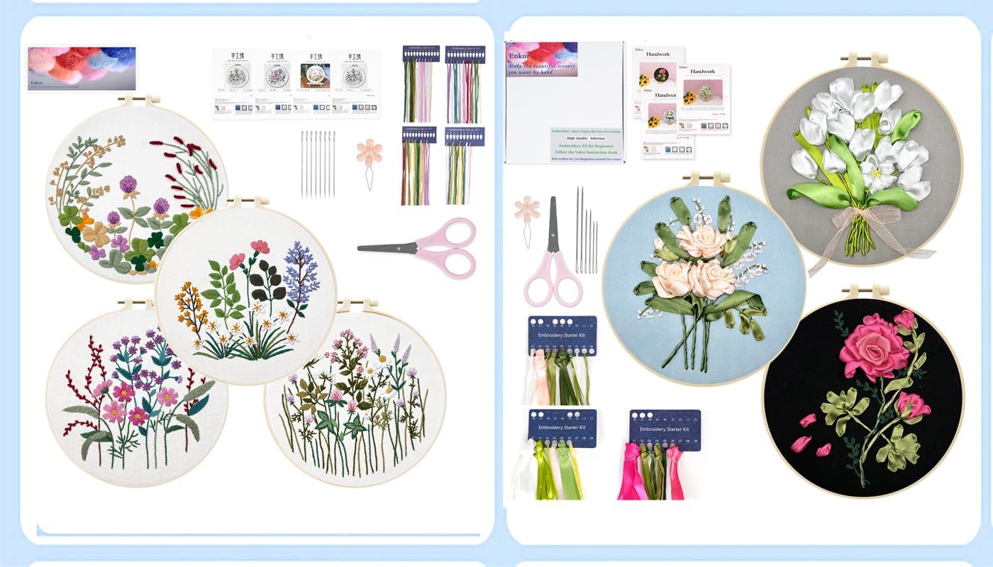 Enkor 7 Sets Embroidery Kit for Beginners Adults, Cross