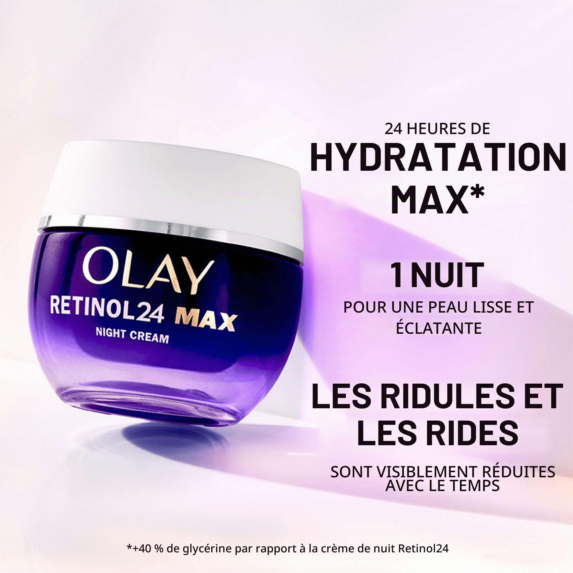 Olay Retinol 24 MAX Crème de nuit hydratante anti-âge pour femme avec vitamine E antioxydante et 40% de glycérine, lisse, renouvelle et hydrate pendant la nuit 50 ml
