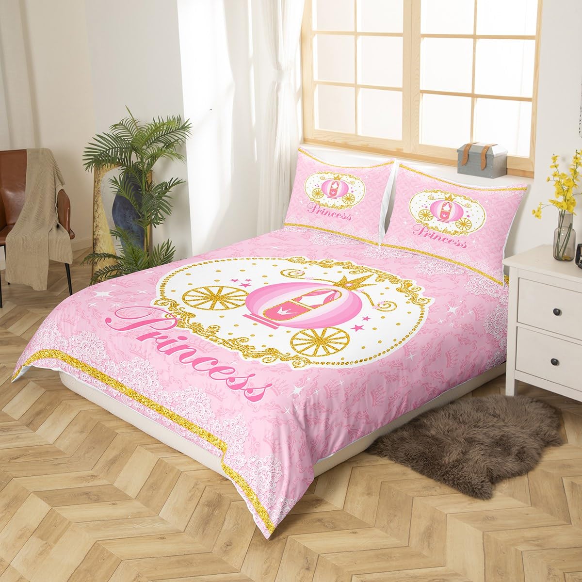 Women Pink Theme Duvet Cover Set Twin Size,2 Pieces Breathable Carriage Bedding Sets(1 Duvet Cover+1 Pillowcase),Children Princess Style Printed Comforter Cover Set for Girls Kids(No Comforter)