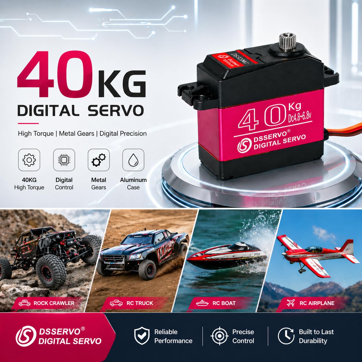 Paquete de 2 servos digitales de alto par de torsión, engranaje de acero inoxidable de metal completo, impermeable, servos RC (40 kg)