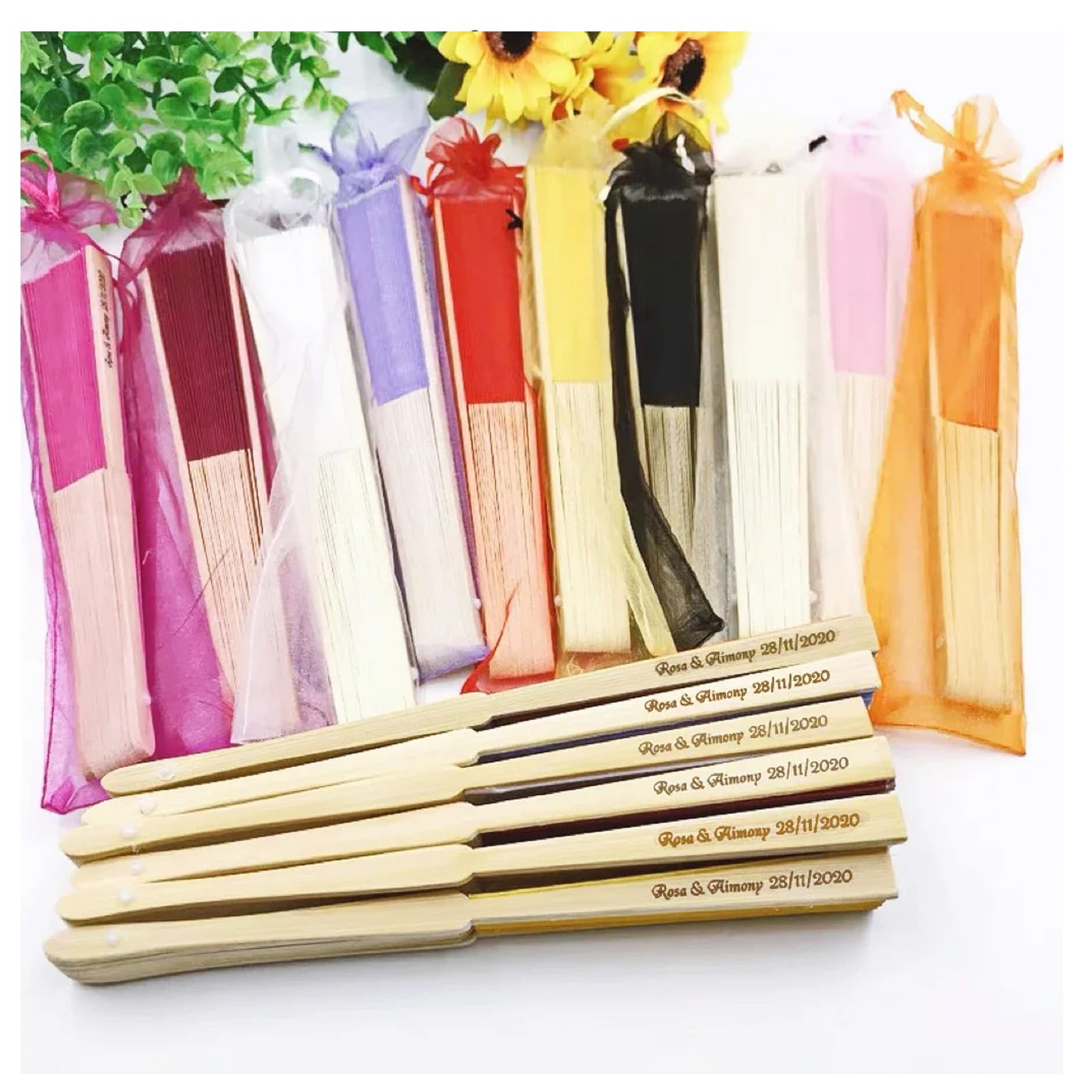 Éventails en soie personnalisés lot de 20 pour cadeau de mariage rustique et EVJF