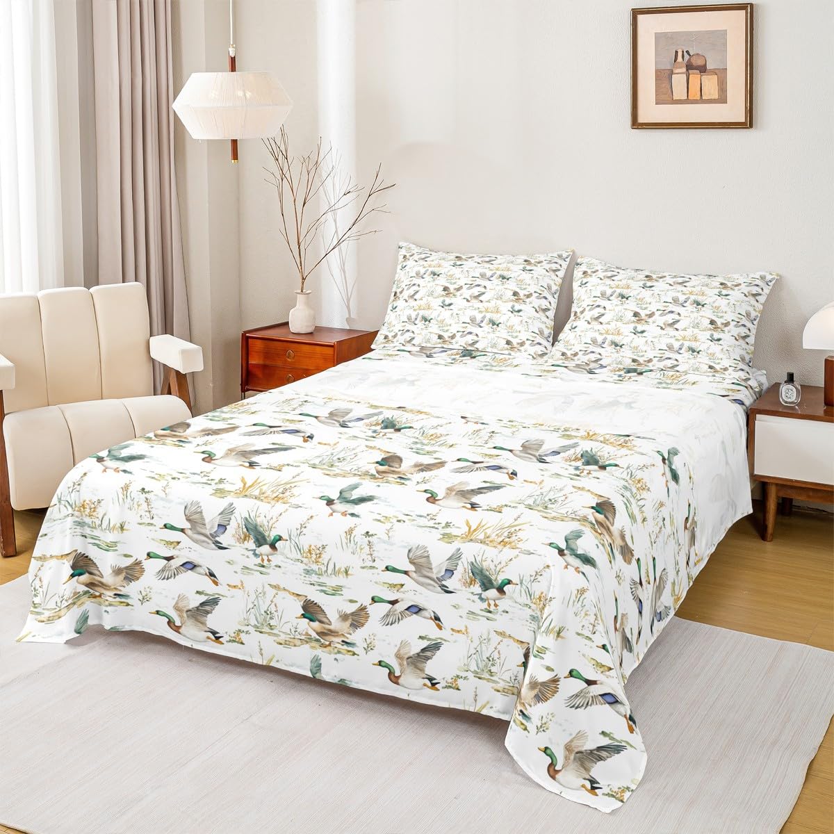 Homewish Wild Mallard Ducks - Juego de sábanas para cama de matrimonio y cabaña, diseño rústico de animales del bosque, caza y pesca, 4 piezas
