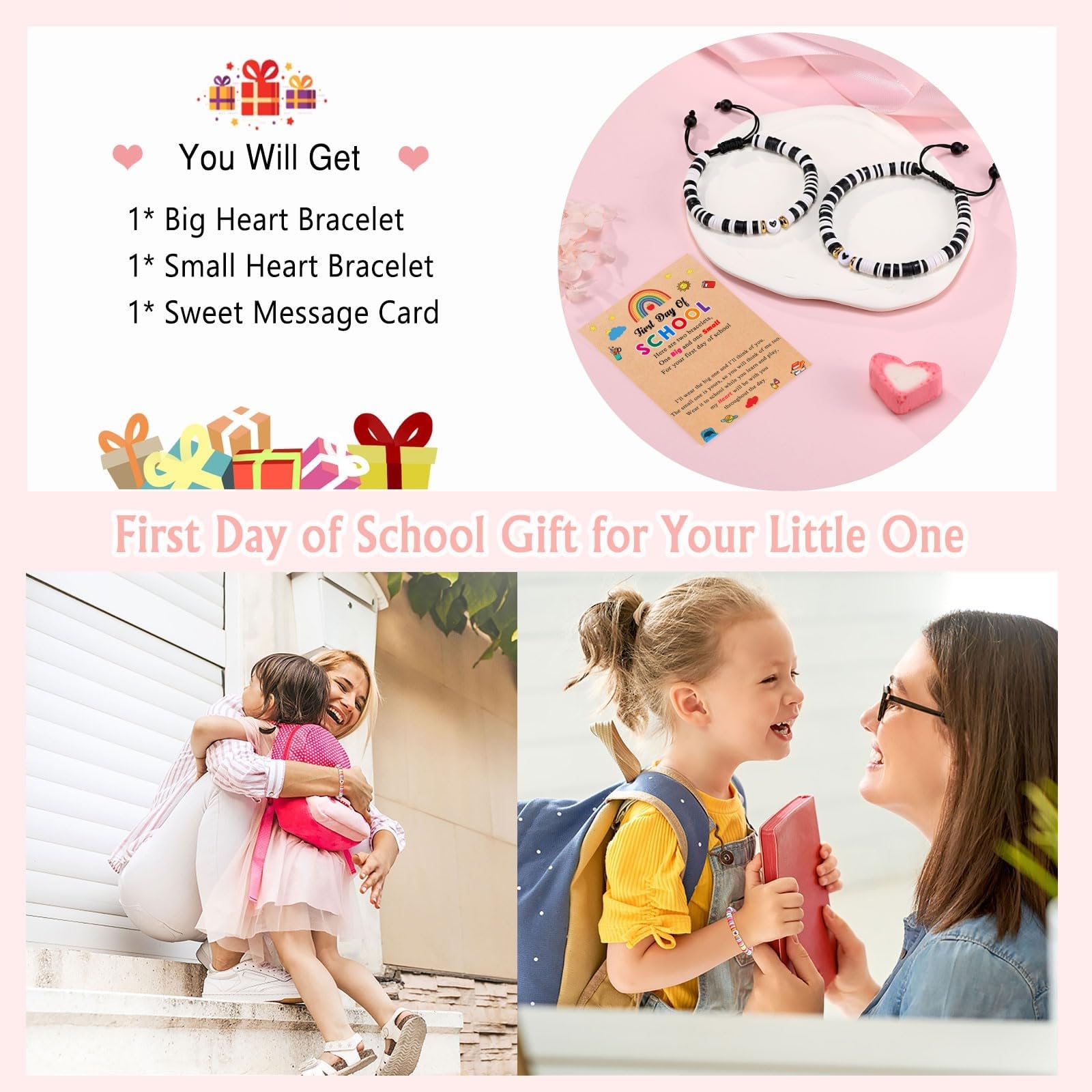 WATEFOER Ritorno A Scuola Bracciale Regalo Braccialetto Madre Figlia Primo Giorno Di Scuola Regali Per Ragazze Ragazzi Bracciale Set Di Braccialetti Con Charm Abbinati (Nero e bianco)