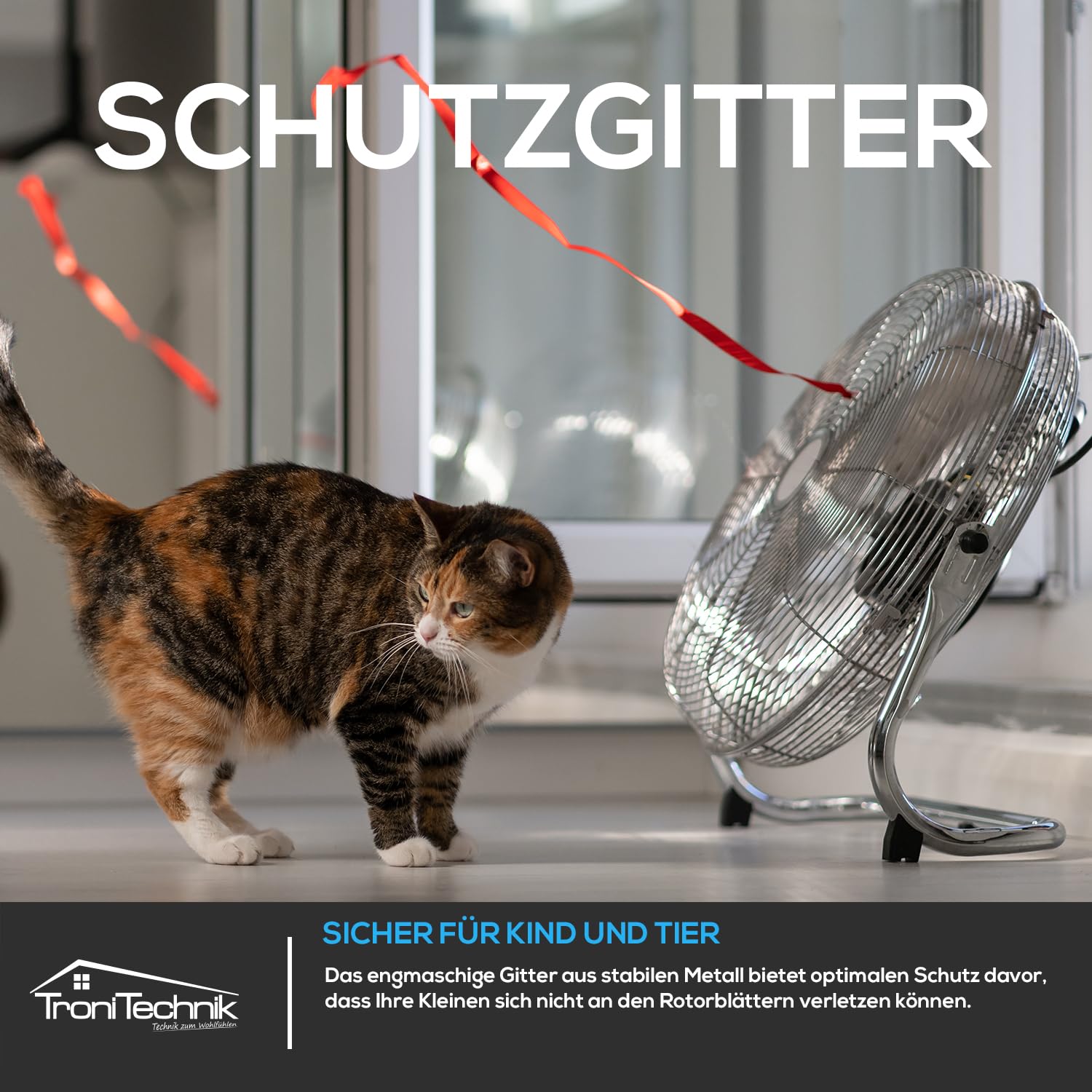 Tronitechnik® XL Windmaschine mit 45 cm Ø | Ventilator Verstellbarer Winkel | Bodenventilator 3 Stufen | Ventilator aus Metall | Luftkühler | Standlüfter | Raumkühler
