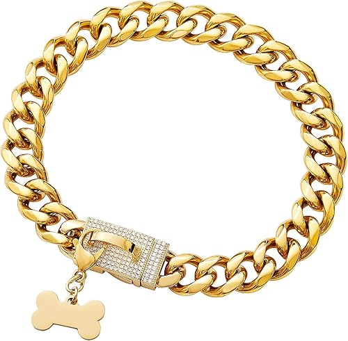 Miniatura 7 de Collar de cadena de oro para perro con diseño de hebilla segura y etiqueta de identificación, eslabones cubanos de 18 quilates, resistente y