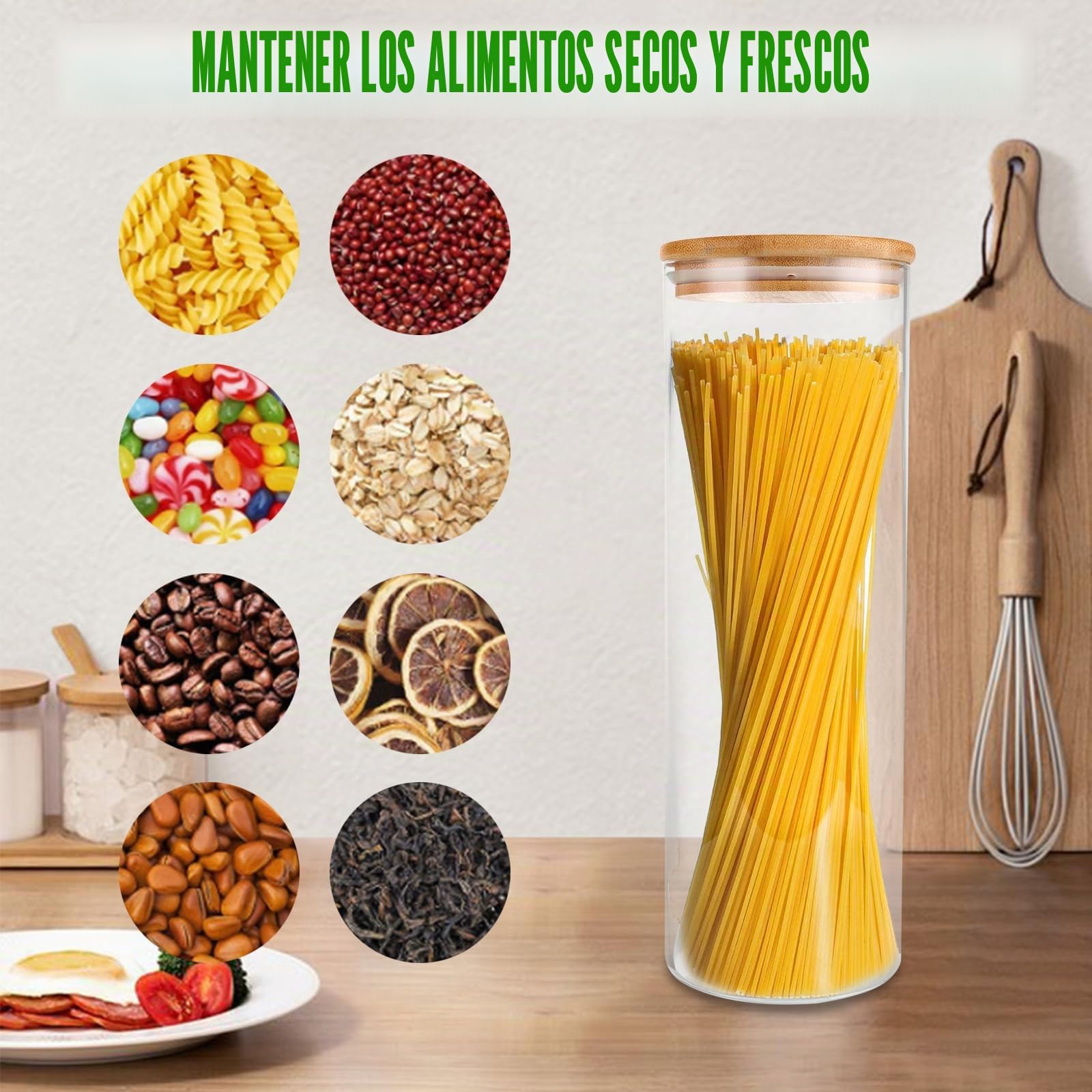 Tarros de cristal hermético 2L con tapa de bambú, 5 tarros de conservación de alimentos transparentes para harina, cereales, nueces (impermeables, fáciles de limpiar)