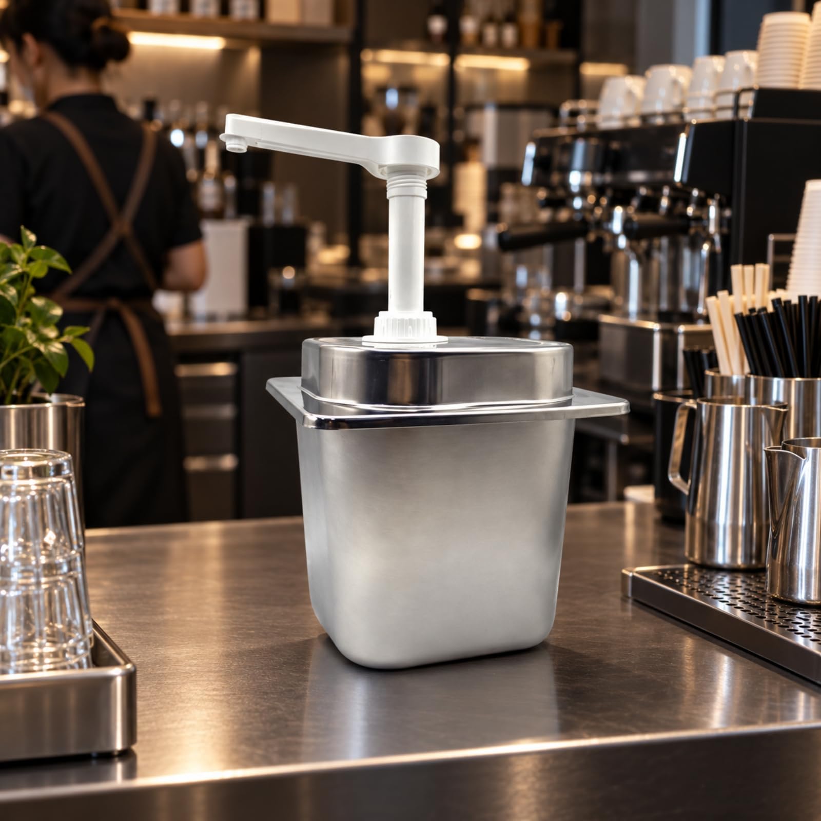 Qianly Pompa Erogatrice per Sciroppo in Acciaio Inox Contenitore Rettangolare da 3 Litri Dosatore Manuale per Salse E Condimenti Adatto per tterie E Aree di Preparazione Alimenti