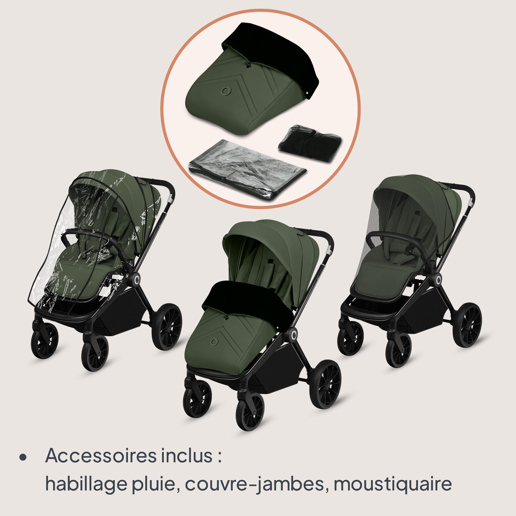LIONELO MIKA PLUS 2 en 1 Poussette 0 à 48 mois jusqu'à 22 kg Nacelle jusqu'à 9 kg, Réglage du Dossier et du Repose-pied, Coussin, Roues Pivotantes 360° en PU Auvent XXL (Green)