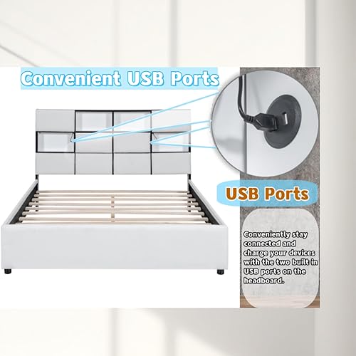 Miniatura 6 de Linique Cama tapizada de lino de tamaño matrimonial con luces LED, marco de cama de plataforma de pino con cabecera de almacenamiento y puertos USB,