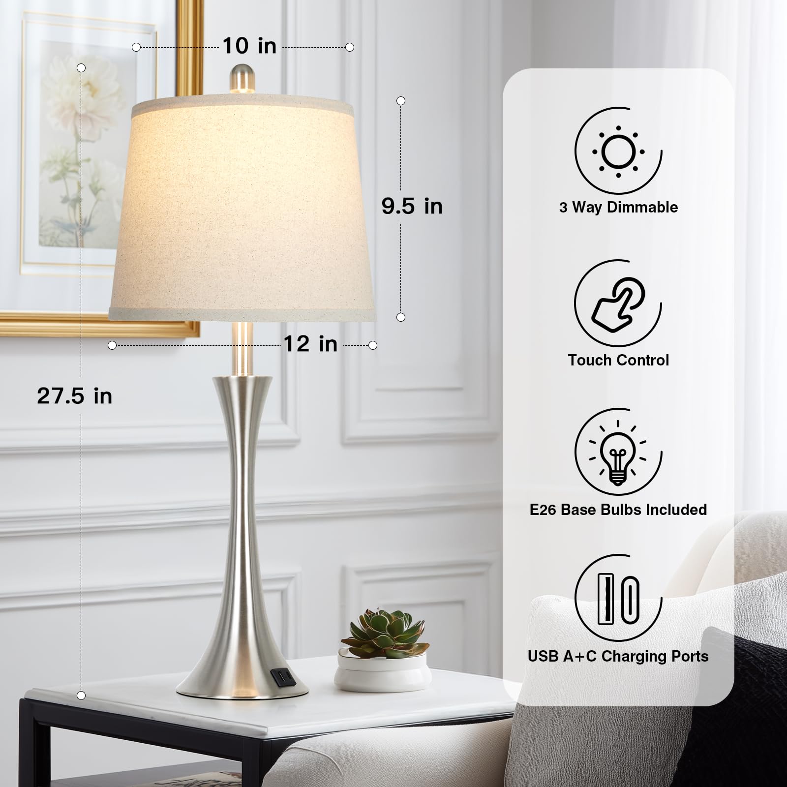 Rinweey 69.8 cm Silber Tischlampen, Touch Nachttischlampen mit USB C+A Ports, 3 Wege Dimmbare Nachttischlampen für Schlafzimmer, Wohnzimmer, Büro, Silberlampe mit beigem Lampenschirm, Glühbirnen