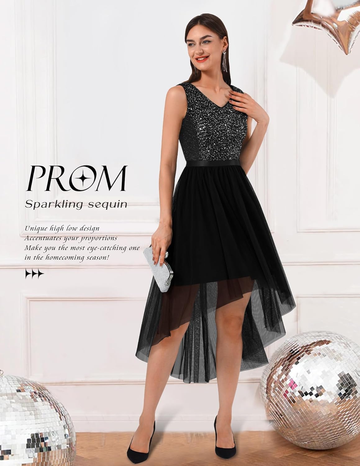 BeryLove Sequin Wedding Guest Formal Cocktail Dresses Prom Party Lace High Low Bridesmaid Elegant Dress - Image 5