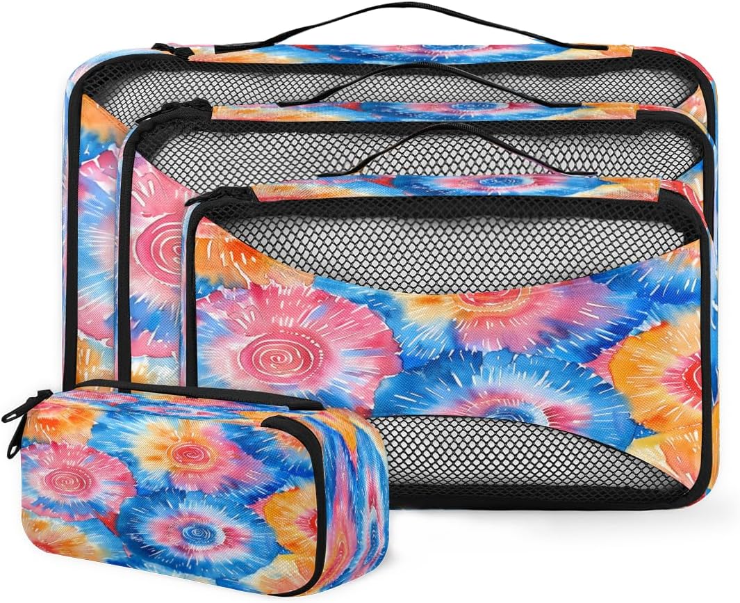 Rainbow Tie Dye 4 Set Travel Packing Cubes for Accessories, Suitcase Organizers Luggage Bags Set with Double Zippers & Mesh Top