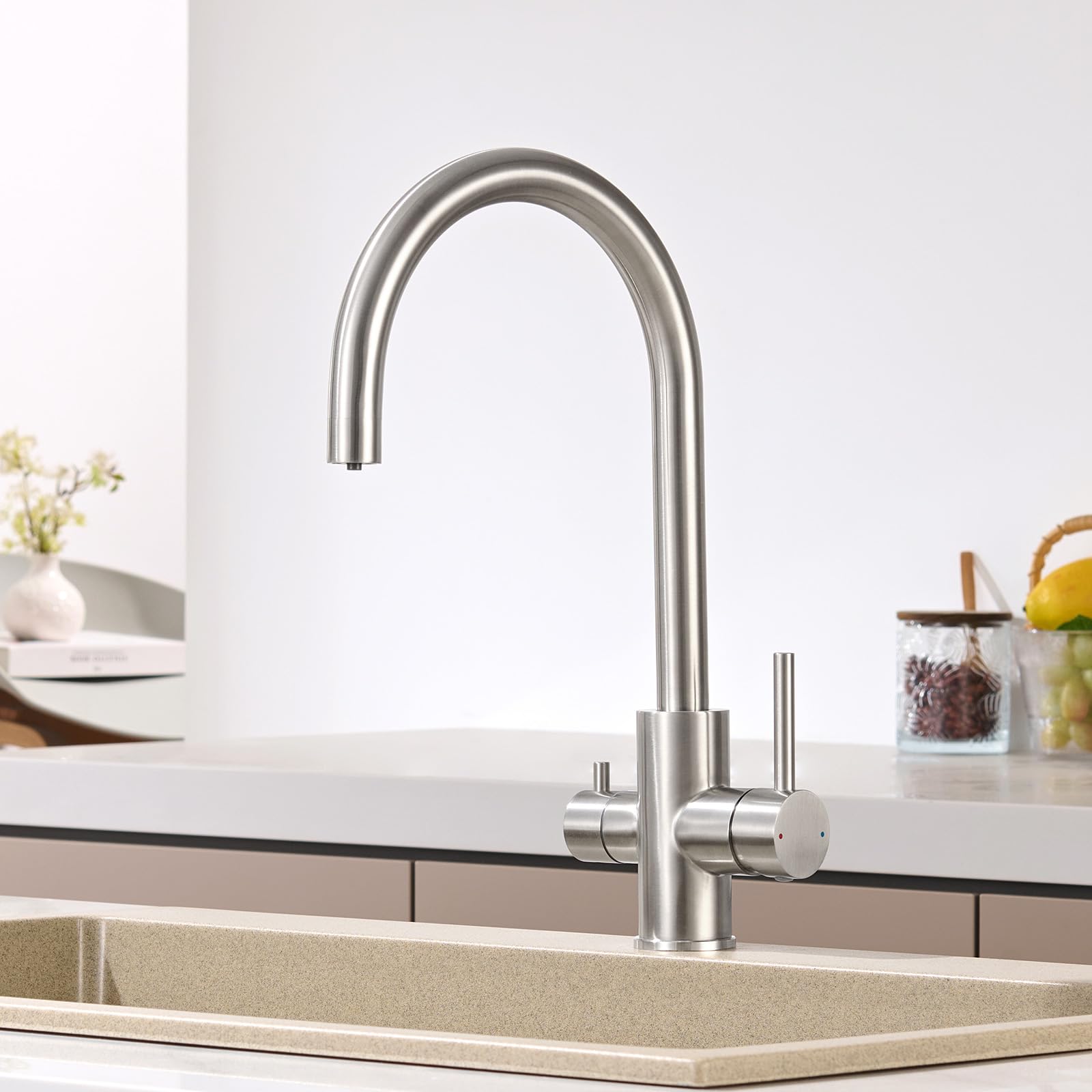 CECIPA Grifo Cocina 3 Vías Acero Inoxidable Purificador Agua Filtrada | Grifo cocina 3 vías acero inoxidable 304 con agua filtrada, válvula cerámica, aerador ABS, rotación 360, ahorro de agua