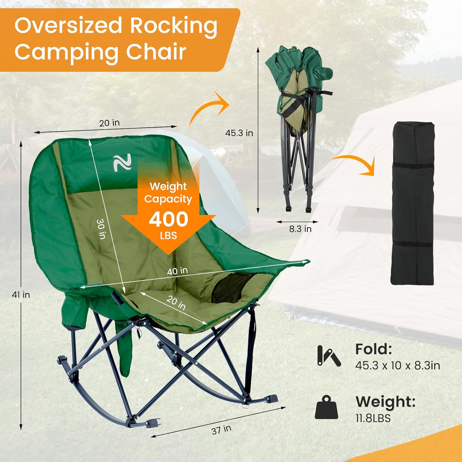 LILYPELLE Oversized Rocking Camping Chair, Fully Padded Patio Chair with Cooler Bag and Side Pocket, High Back Portable Lawn Recliner Rocker Chairs for Camp, Patio, Supports 400 lbs