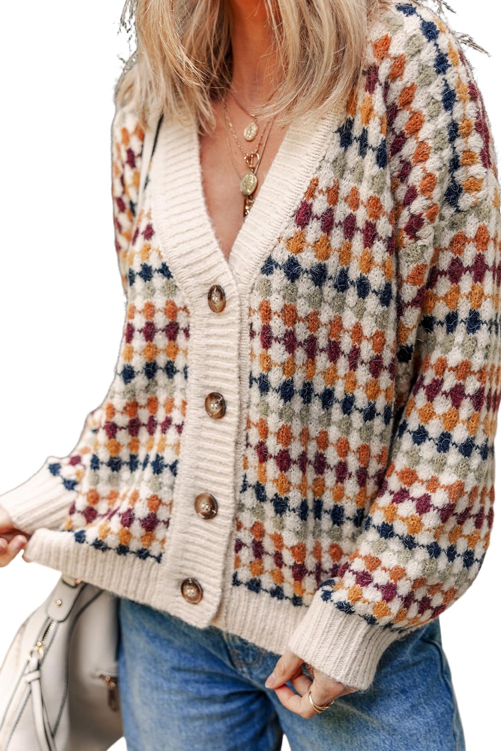 Apvirdy Womens Dotty Pattern Cardigan Sweater Drop Shoulder Button Front V Neck Sweater Loose Casual Outerwear Coats