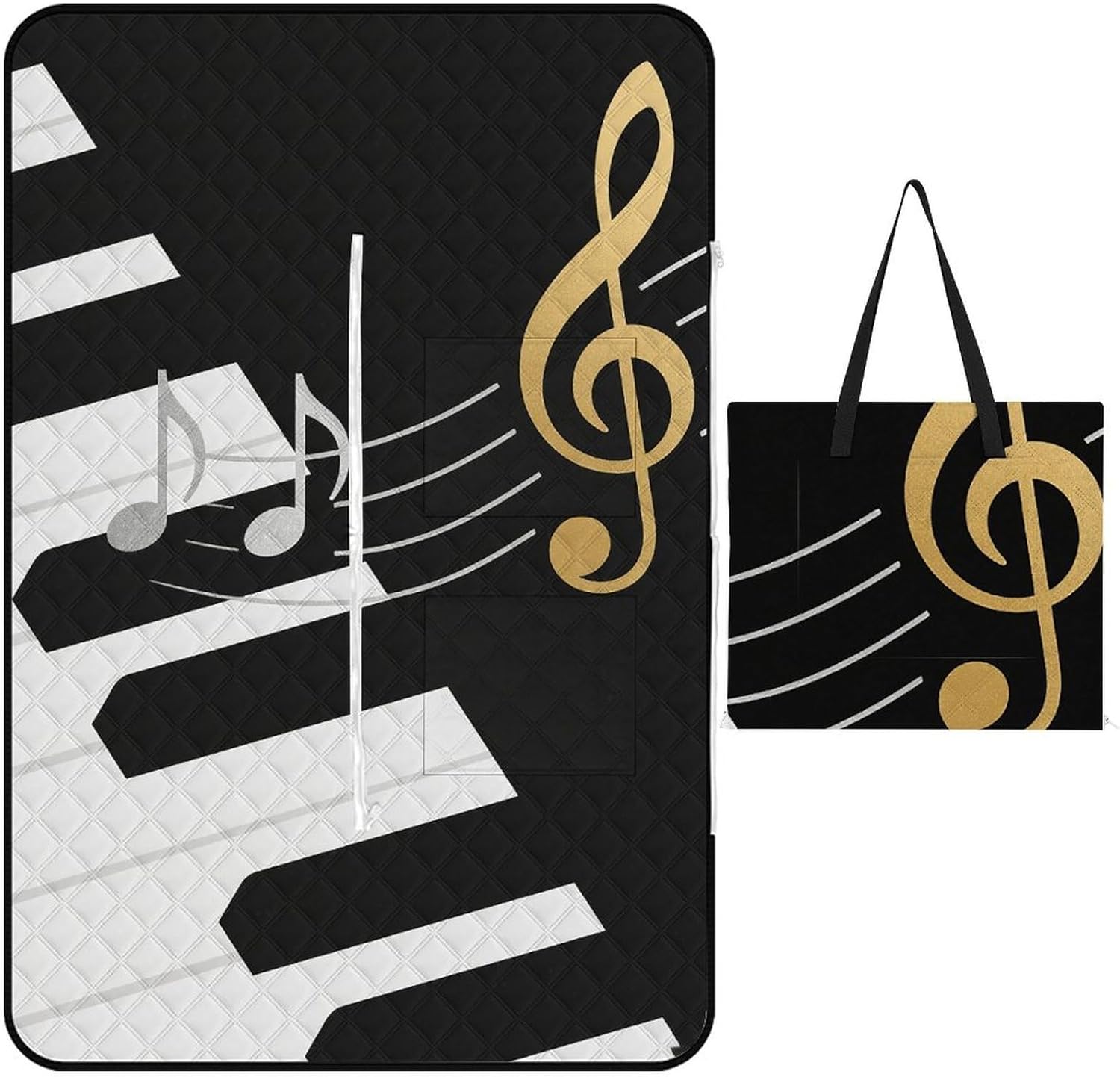 Black White Music Picnic Blanket 200x200cm, Foldable 2-in-1 Picnic Mat and Tote Bag Portable Waterproof Beach Mat Sandproof Outdoor Blanket for Park, Hiking, Beach, Camping, Travel