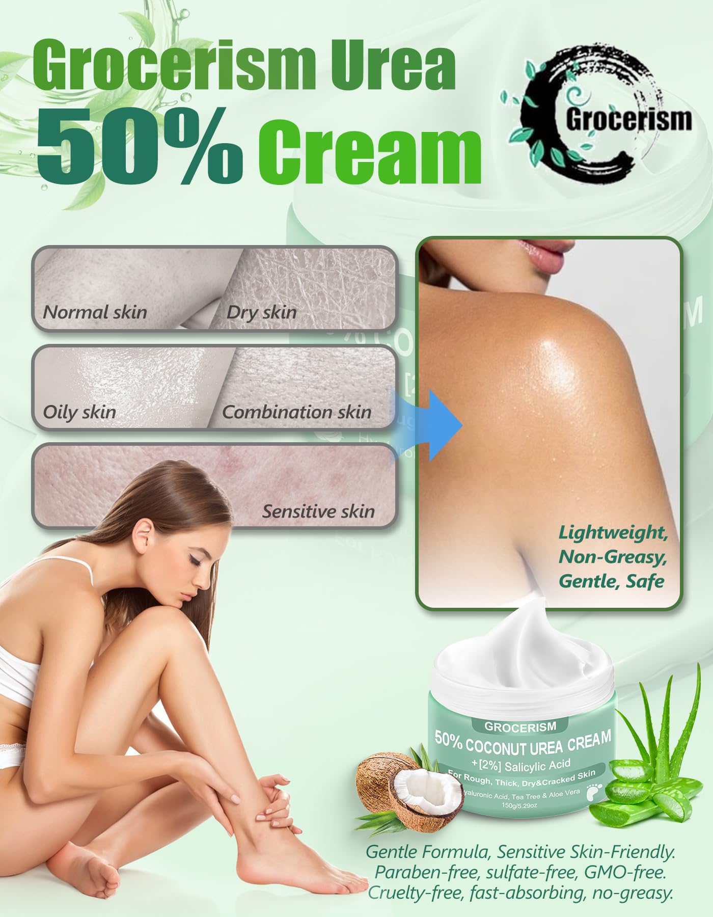 Crema Urea 50% per piedi Spessore massimo 150 grammi con cocco e 2% acido salicilico, crema piedi e mani con acido ialuronico, tea tree e aloe vera per umidificazione profonda, calli