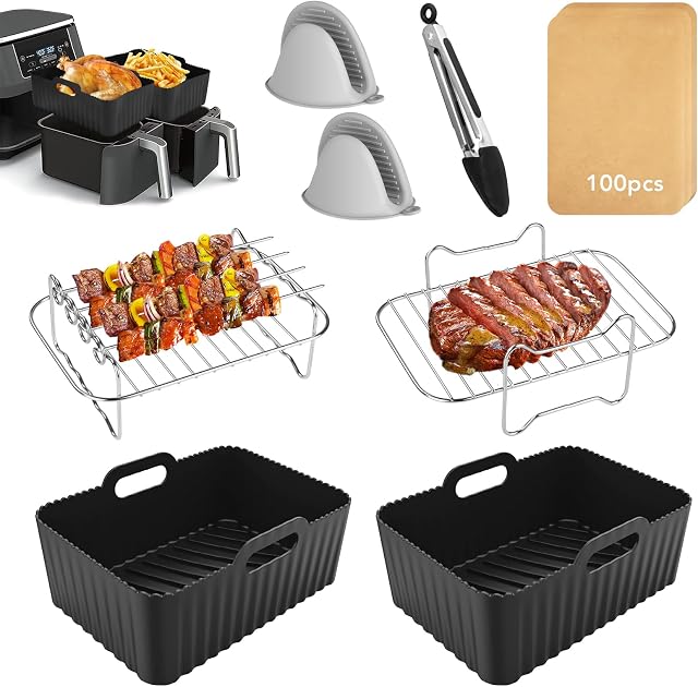 Air Fryer Accessories, Silicone Air Fryer Liner for Ninja Dual AF400UK AF500UK AF451UK Tower T17088, 8 PCS Ninja Air Fryer Accessories, Upgraded Air Fryer Liner Silicone & Dual Air Fryer Racks