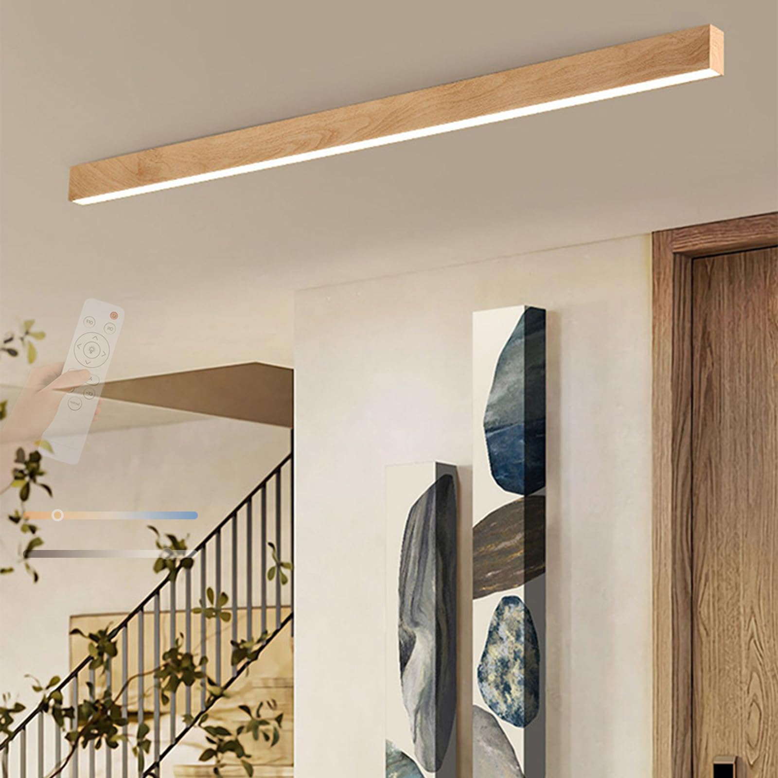 Madera Plafon LED Techo Interior con Mando a Distancia Lámpara de Techo 2700K-6500K Regulable Lámpara Techo Sala de Estar Rectangular Acrílico para Dormitorio Oficina Balcón (Madera clara,60cm)