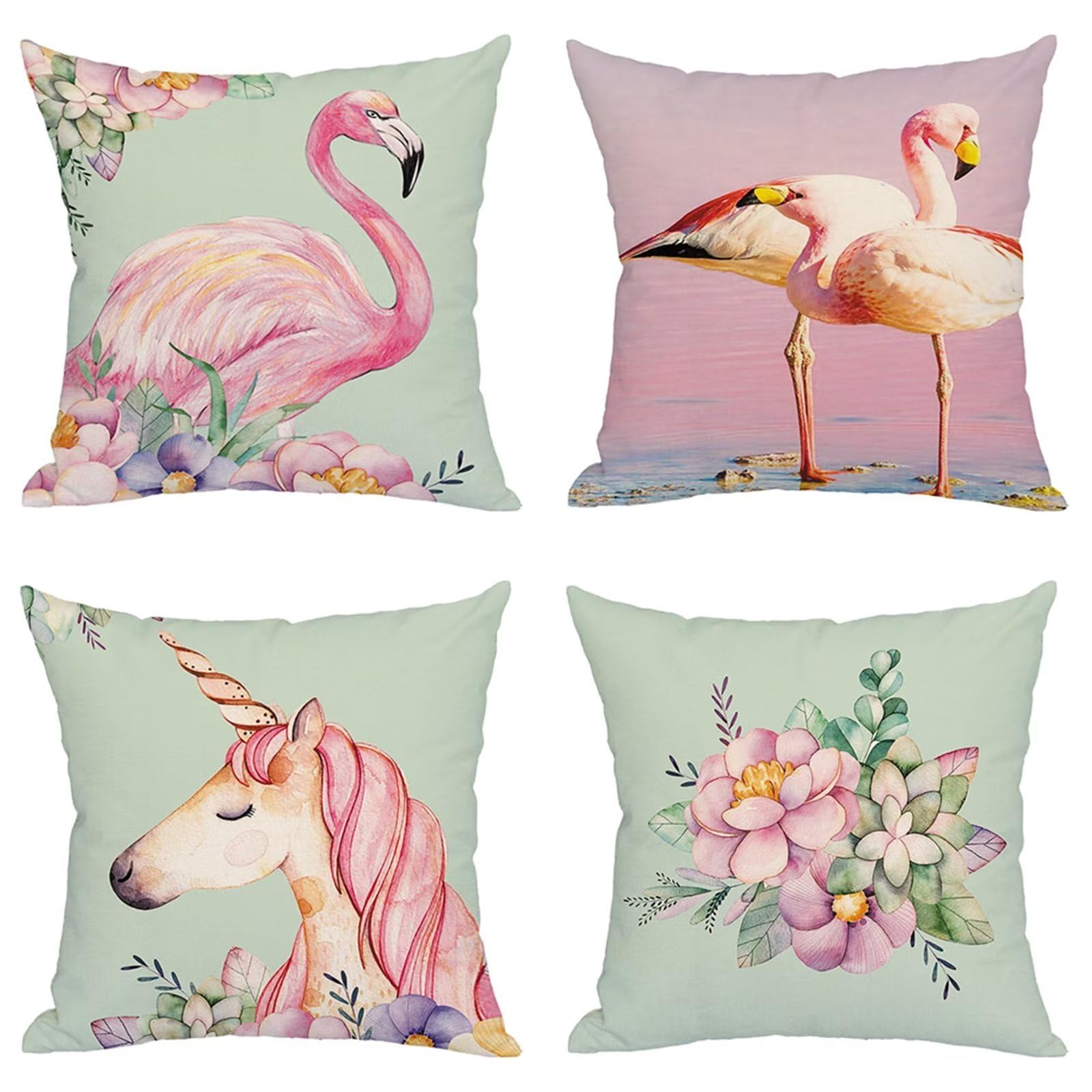 Set di 4 Fodere per Cuscini 75x75cm,cuscini per divano Uccello rosa Giardino Esterno Fodere per Cuscini Decorativi Lino Quadrate per Cuscino,per Casa Soggiorno Camera da Letto Divano YG1032