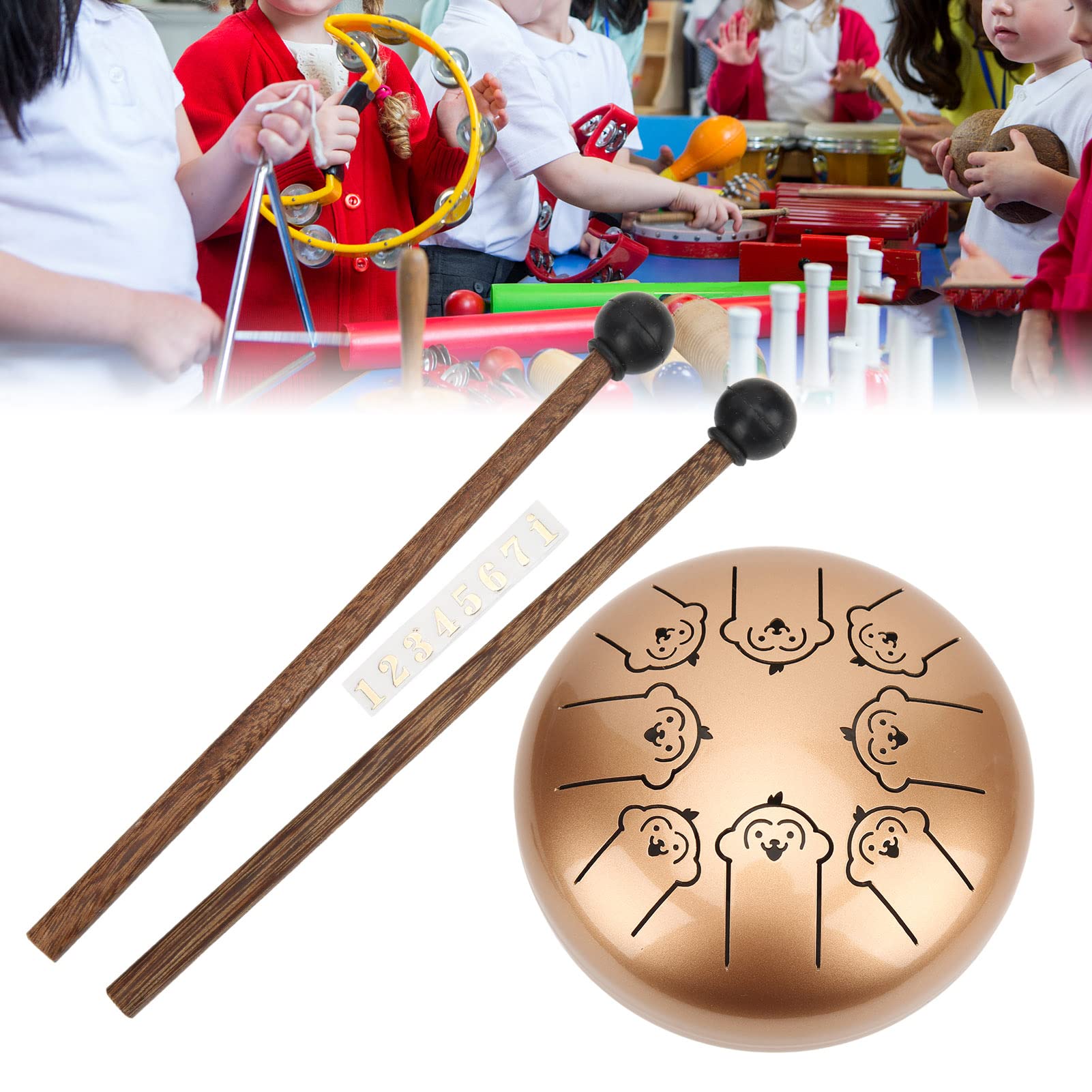 5.5in 8 Tones Tongue Drum, Steel Ti Alloy Ethereal Drum Kit with Drumsticks, Monkey Pattern Design, Easy to Play Percussion Instrument for Beginners and Professionals