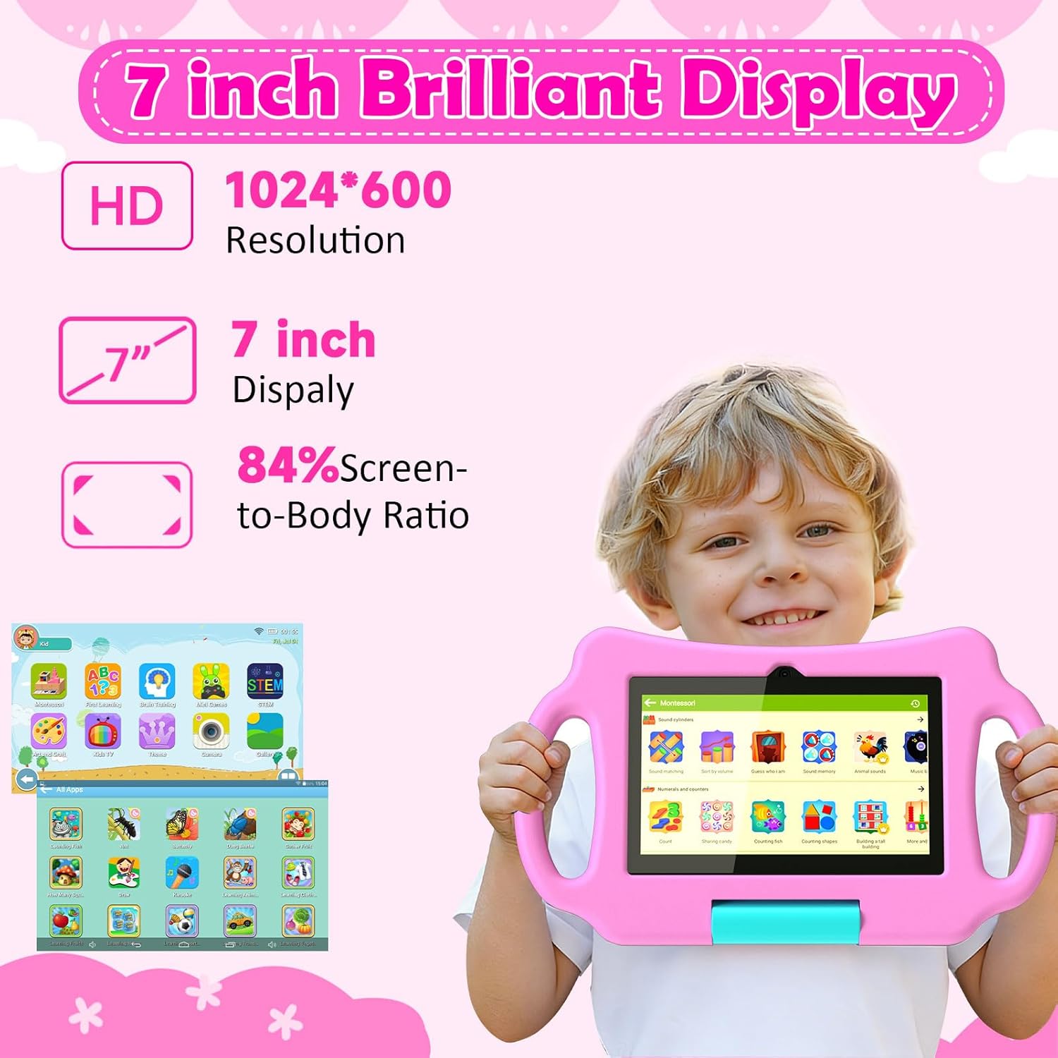 Kids Tablet 7 inch Android 12.0 for Toddler, 4GB RAM 32GB ROM Bluetooth IPS Screen Parental Control Dual Camera Shockproof Case for Educational Games (Pink)