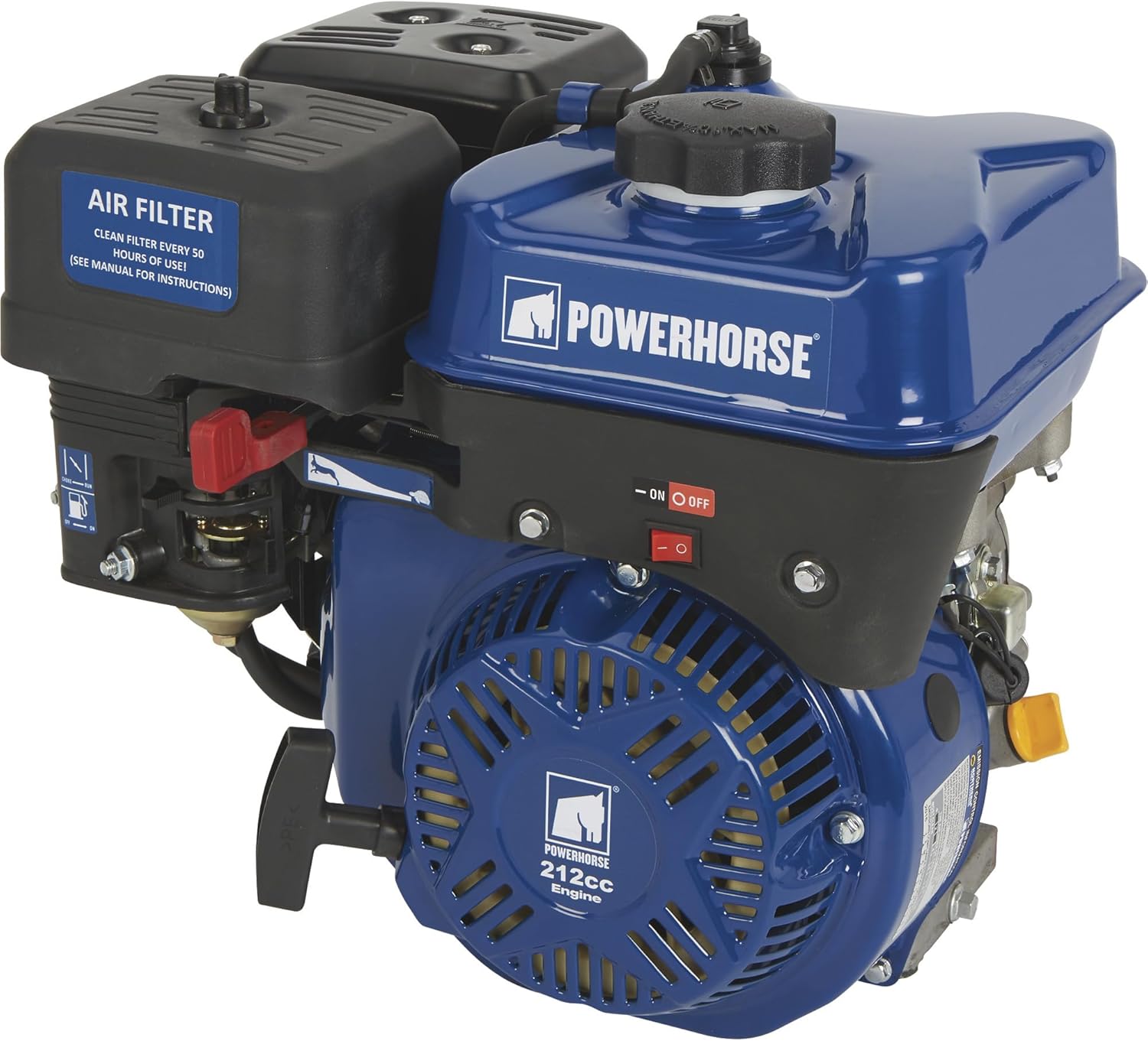 Powerhorse engine with low oil shutdown and recoil start labels