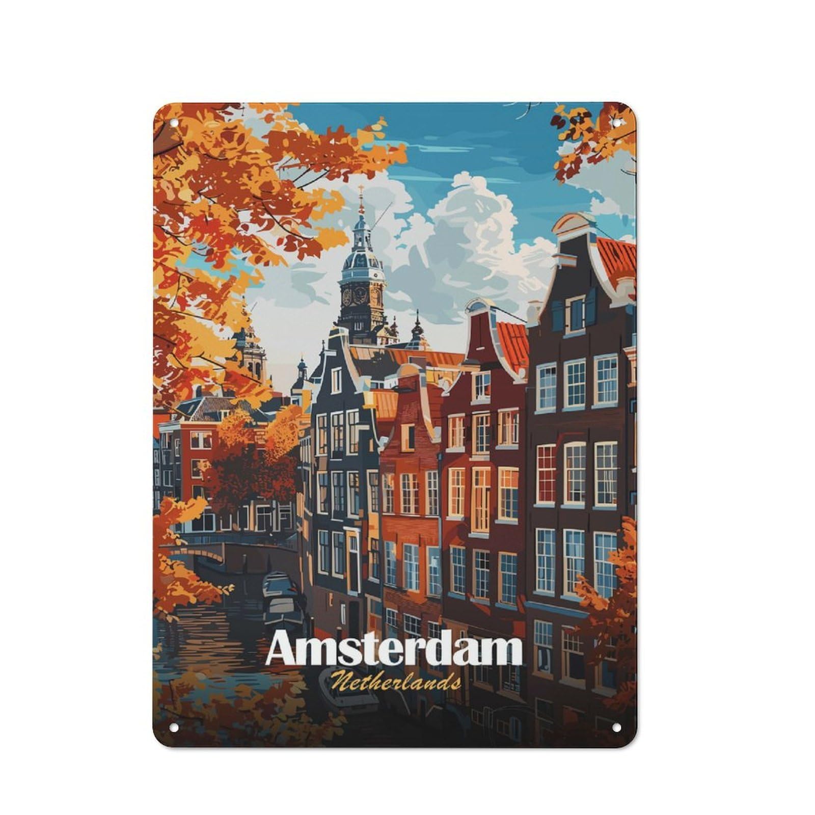 Junmoney Style-20 For Living Room Or Hallway, Amsterdam Netherlands Autumn Cityscape Illustration Vintage Metal Sign 40X30cm, For Metal Sign Collectors, For Garage And Workshop Walls
