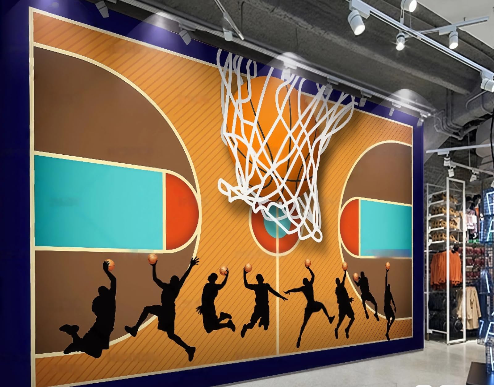 Mural decorativo de baloncesto 3D para renovar paredes aburridas de cafetería y bar