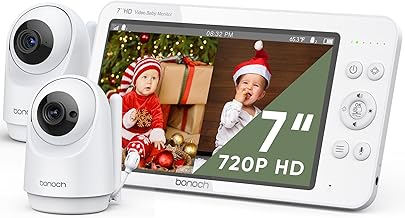 bonoch Baby Monitor with 2 Cameras and Night Vision, 7" 720P HD Split Screen Video Baby Camera Monitor No WiFi with 6000mAh Battery, 2-Way Talk, Temperature, Hack Proof, Remote PTZ, 8 Lullabies