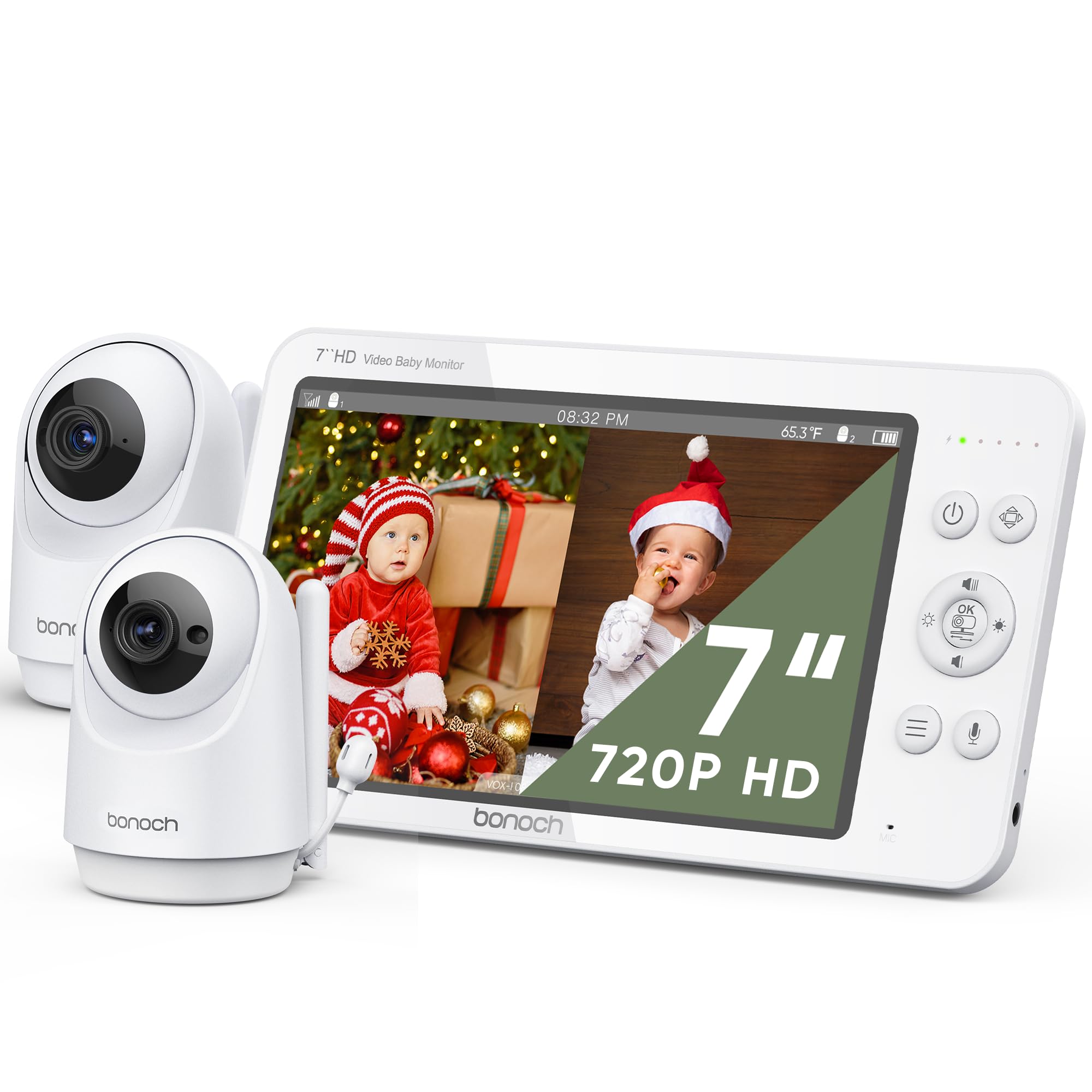 bonoch 7 Zoll Babyphone mit 2 Kameras, 720p HD Video Babyphone Ohne WLAN, 6000mAh 23 Stunden, Nachtsicht, Zweiseitige Kommunikation, ferngesteuertes PTZ, VOX-Modus, Temperatursensor, 8 Schlaflieder