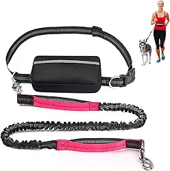 Coleira para cães com cinto ajustável, bolsa refletiva móvel e fixável para a cintura, bolsa grande com zíper, coleira elástica com duas alças para corrida, caminhada e trilha (Vermelho)